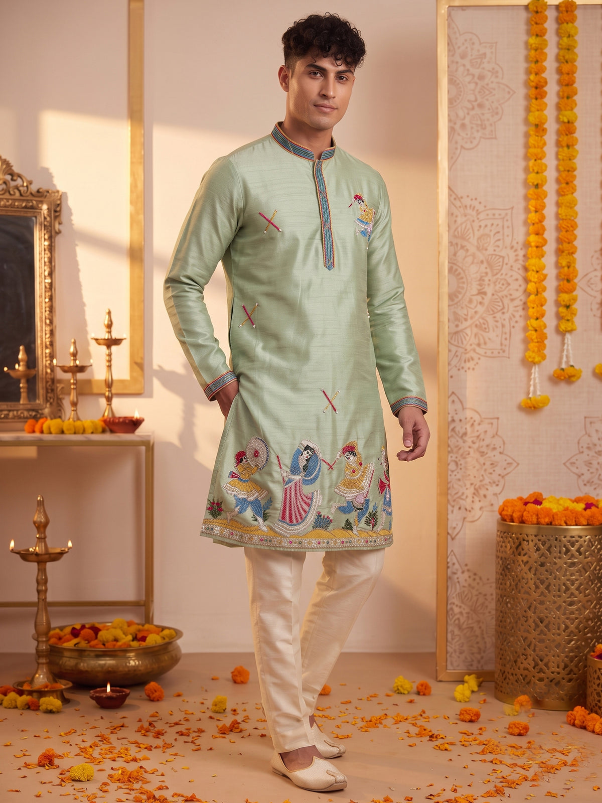 Mint Green Folk Art Silk Kurta Trouser Set