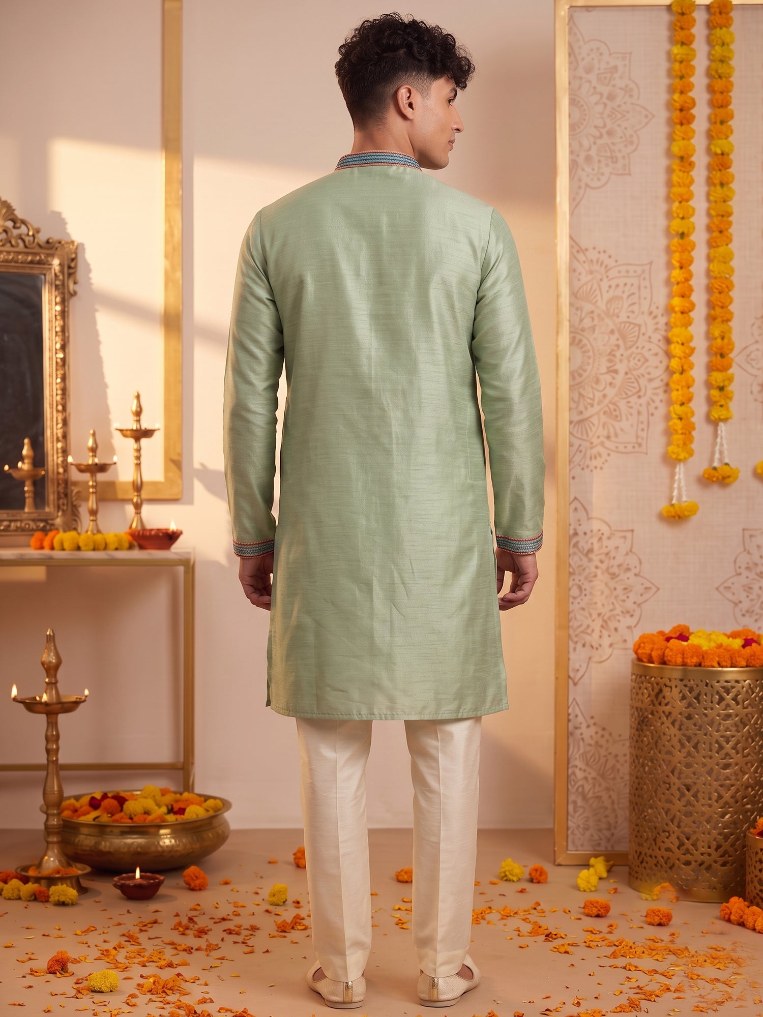 Mint Green Folk Art Silk Kurta Trouser Set
