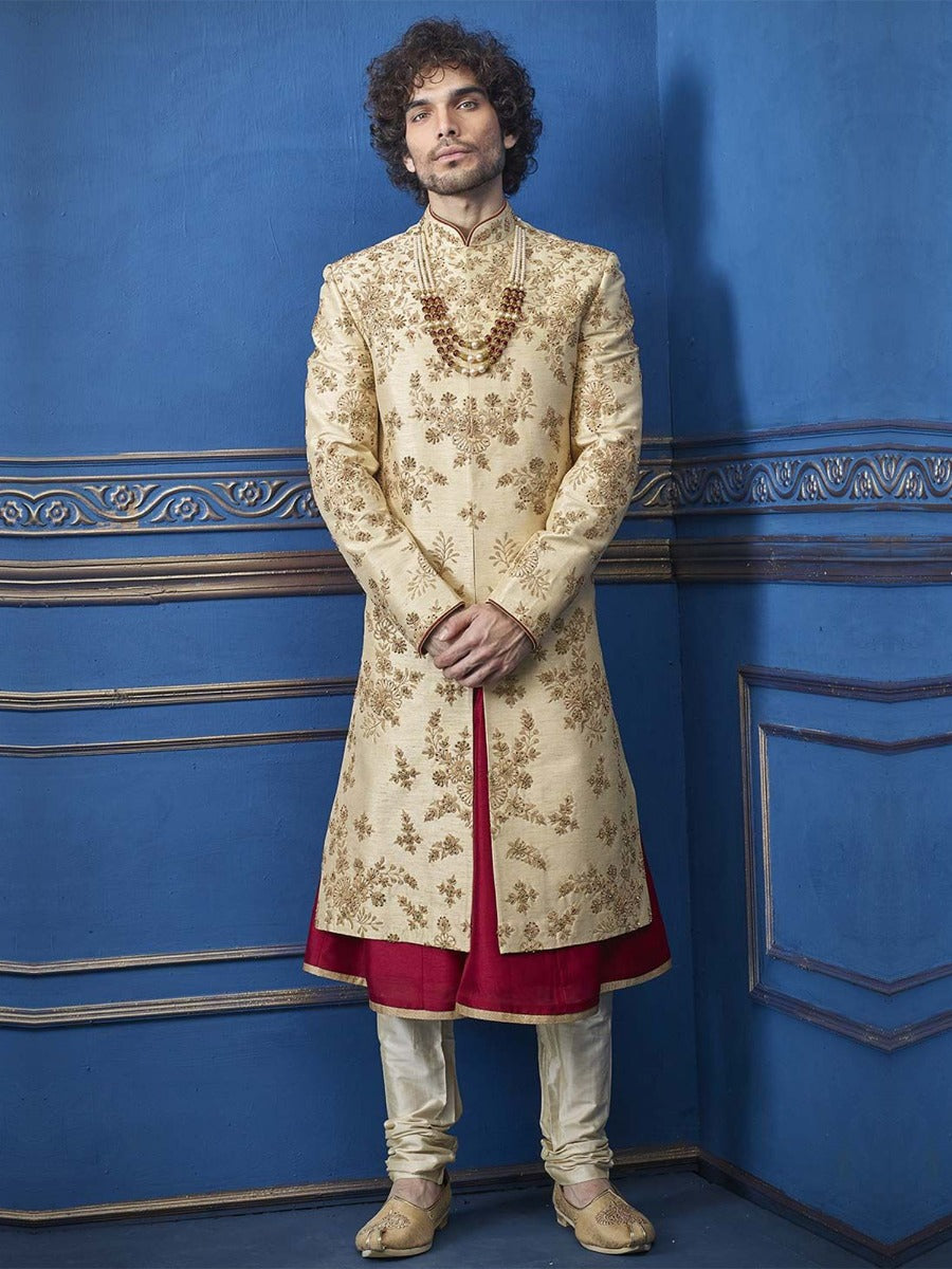 Golden Colour Silk Indian Wedding Sherwani.