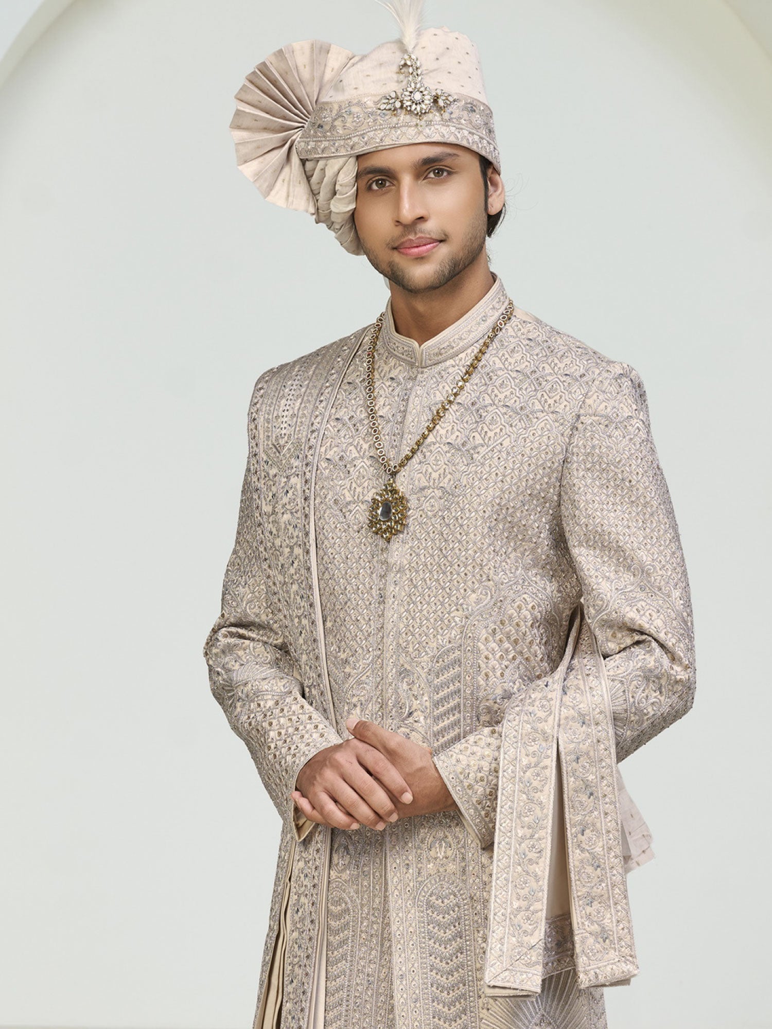 Cream Stone Work Silk Sherwani With Stole