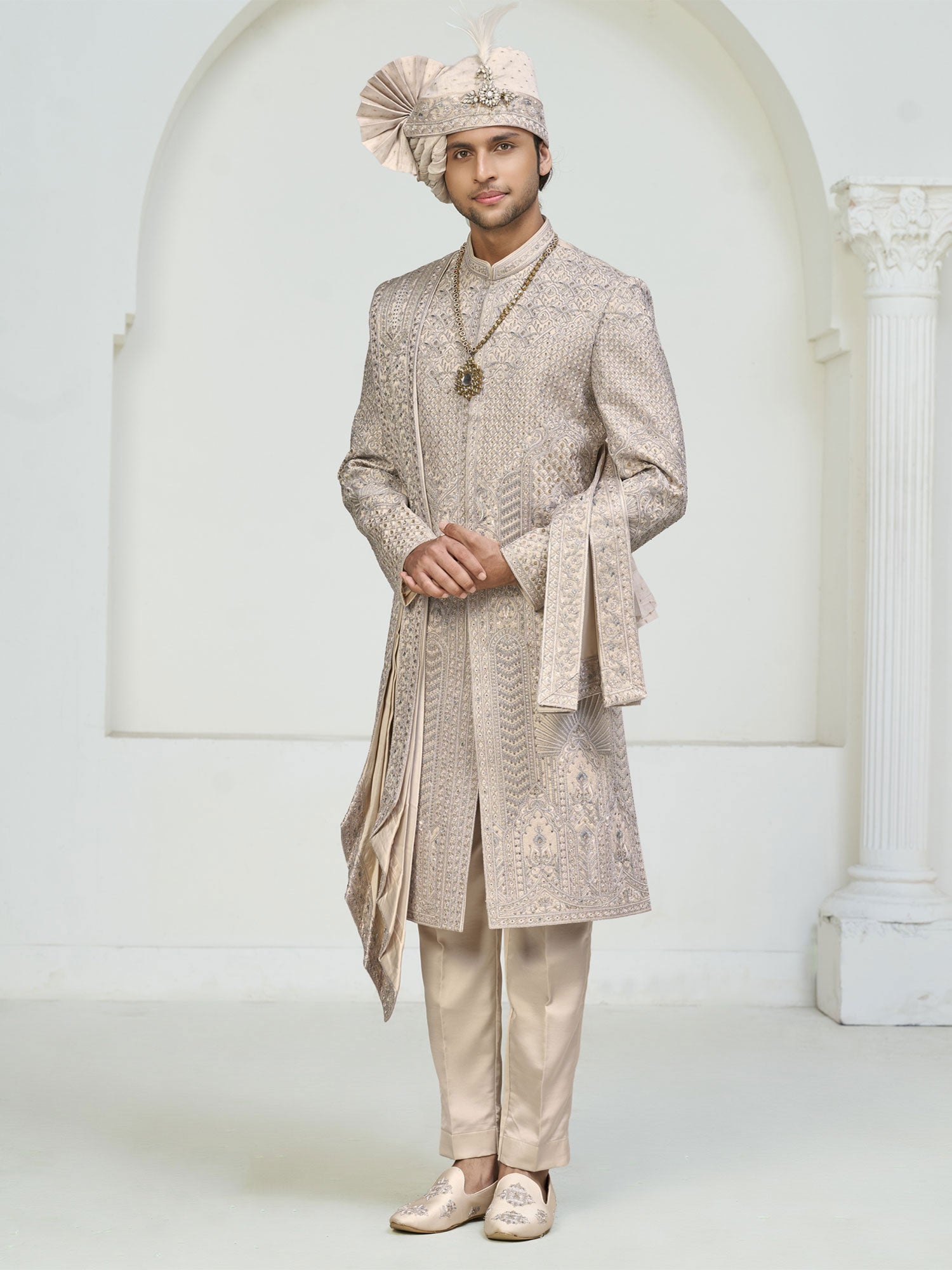 Cream Stone Work Silk Sherwani With Stole