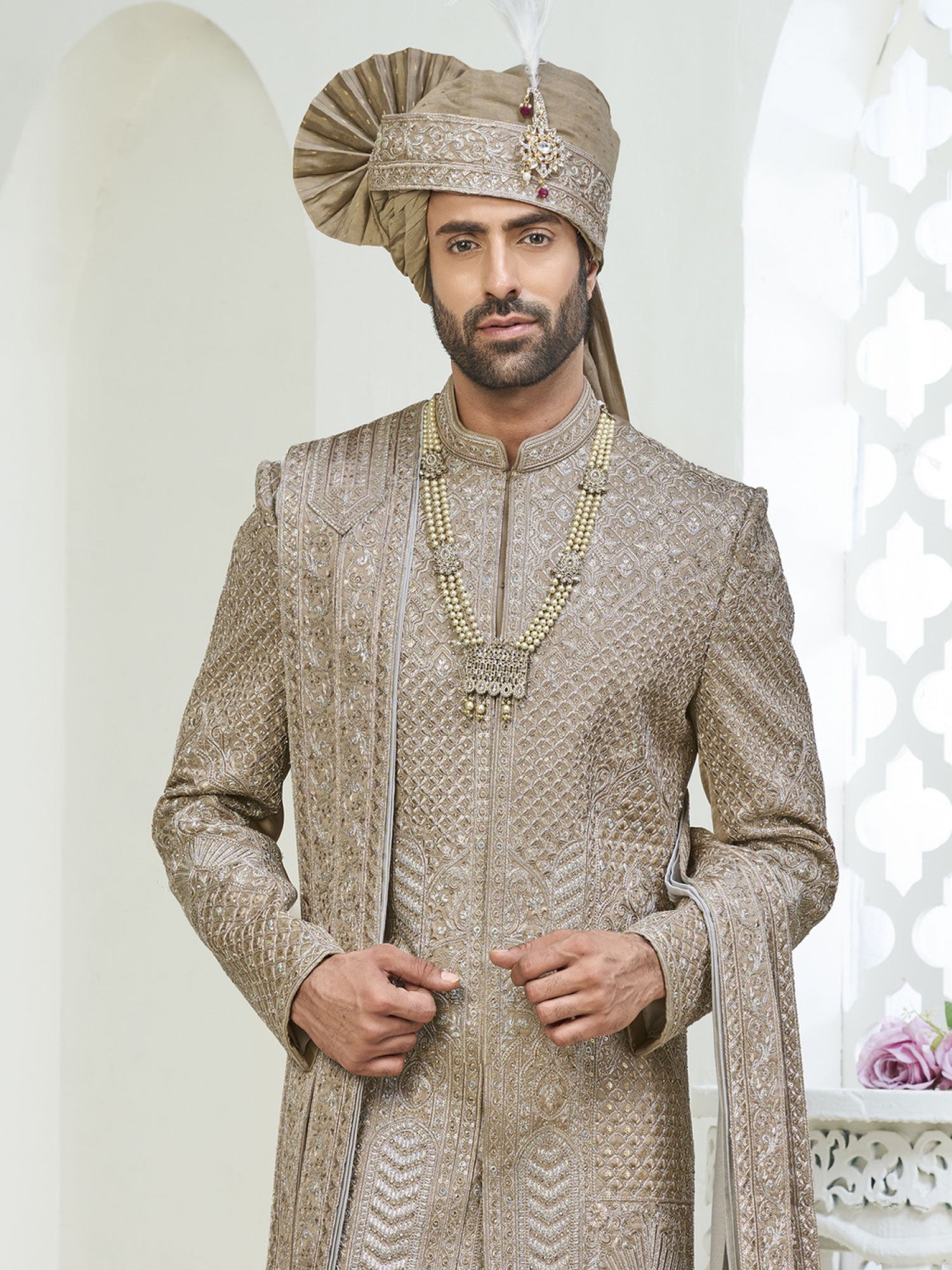 Dark Beige Sequins Embellished Groom's Sherwani