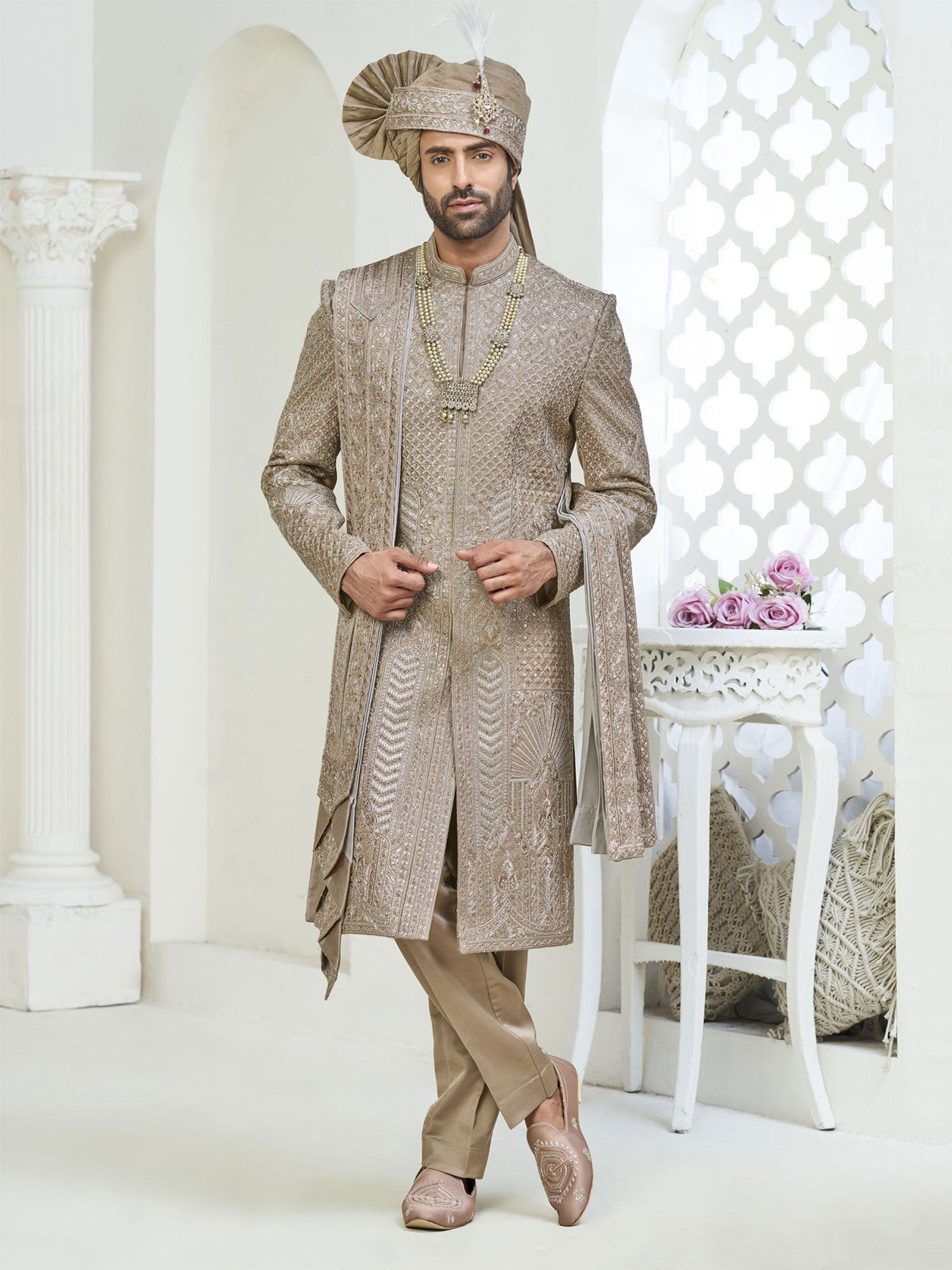 Dark Beige Sequins Embellished Groom's Sherwani
