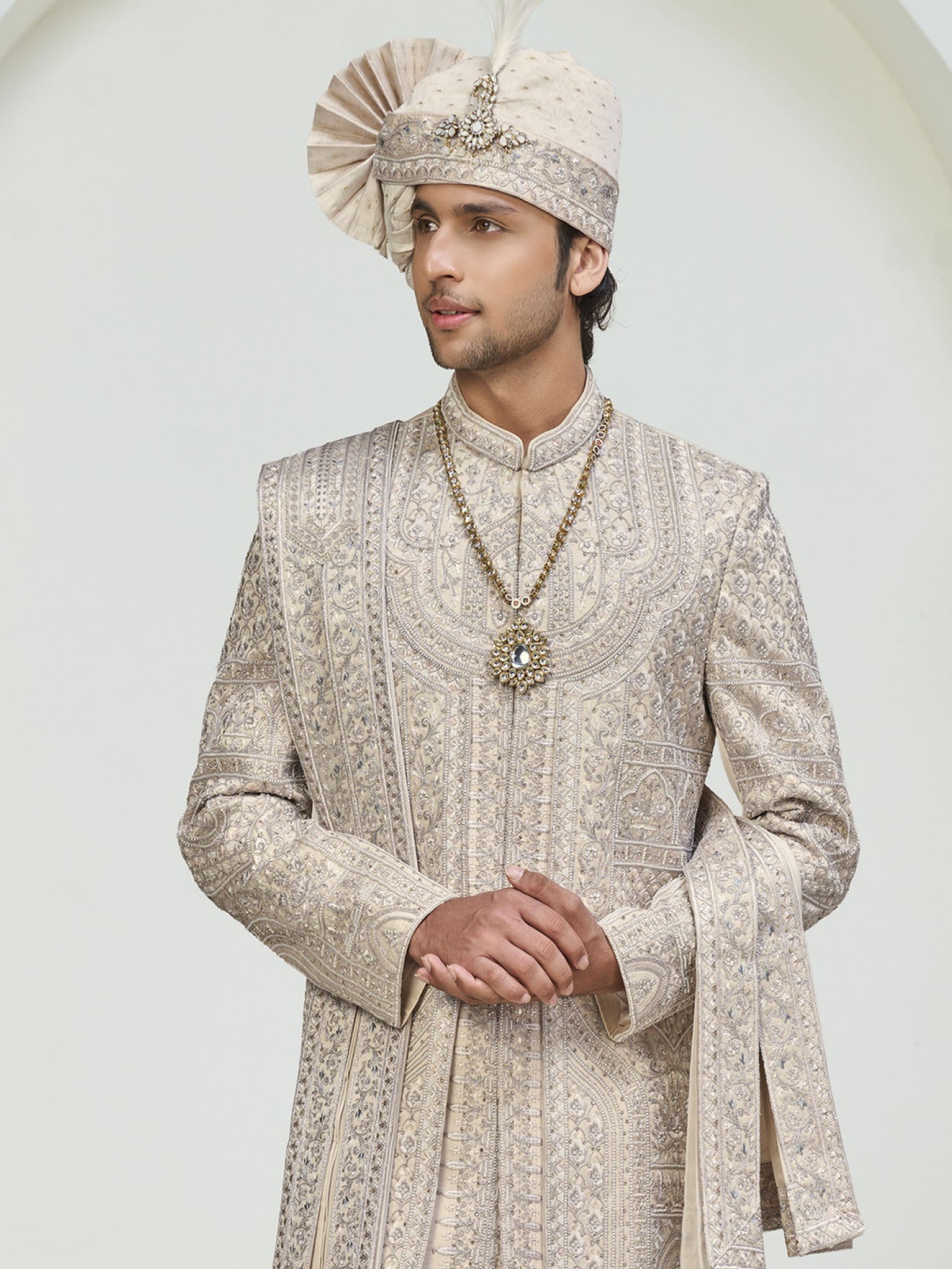 Cream Groom's Wedding Sherwani In Layered Style