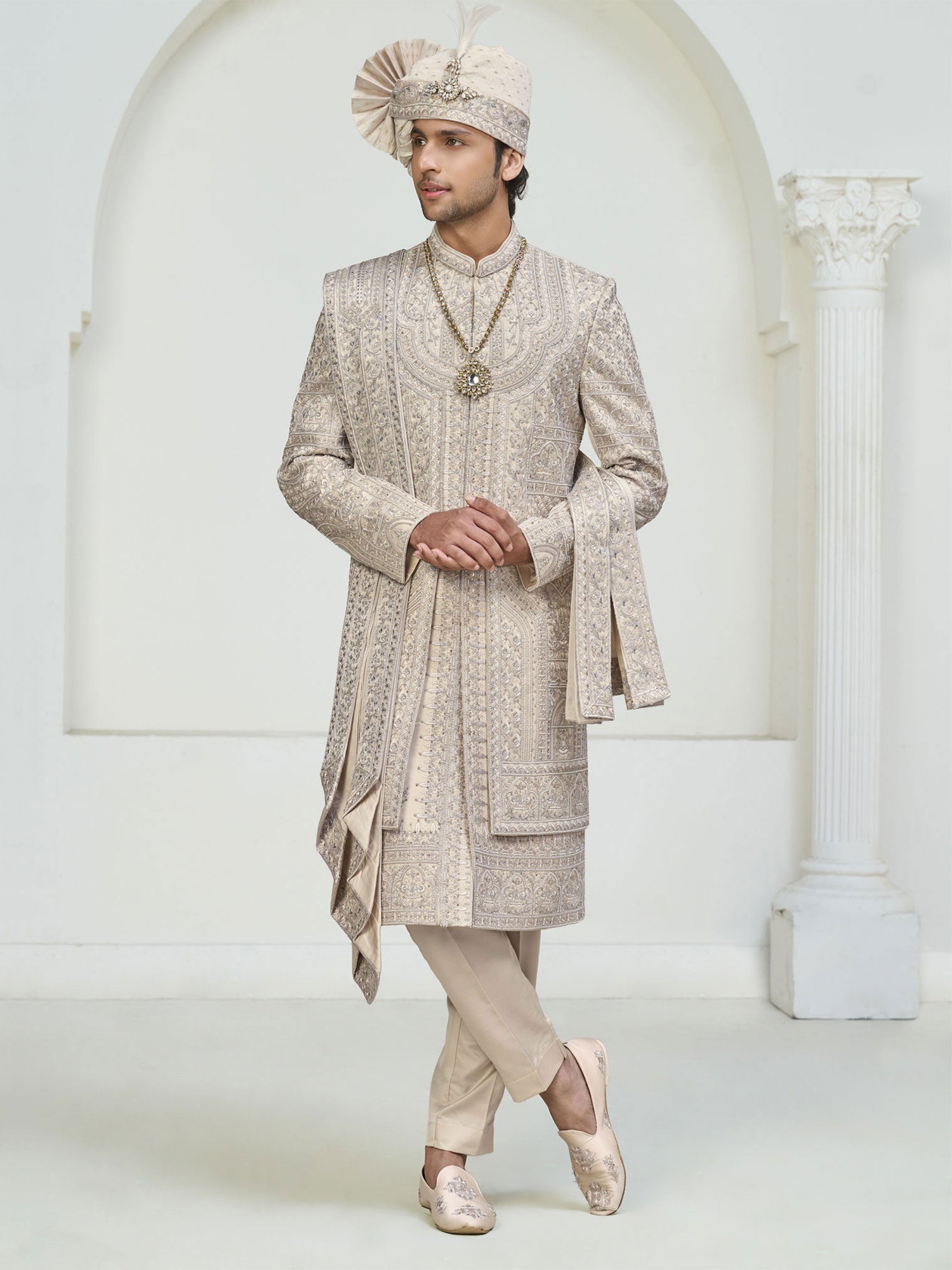 Cream Groom's Wedding Sherwani In Layered Style