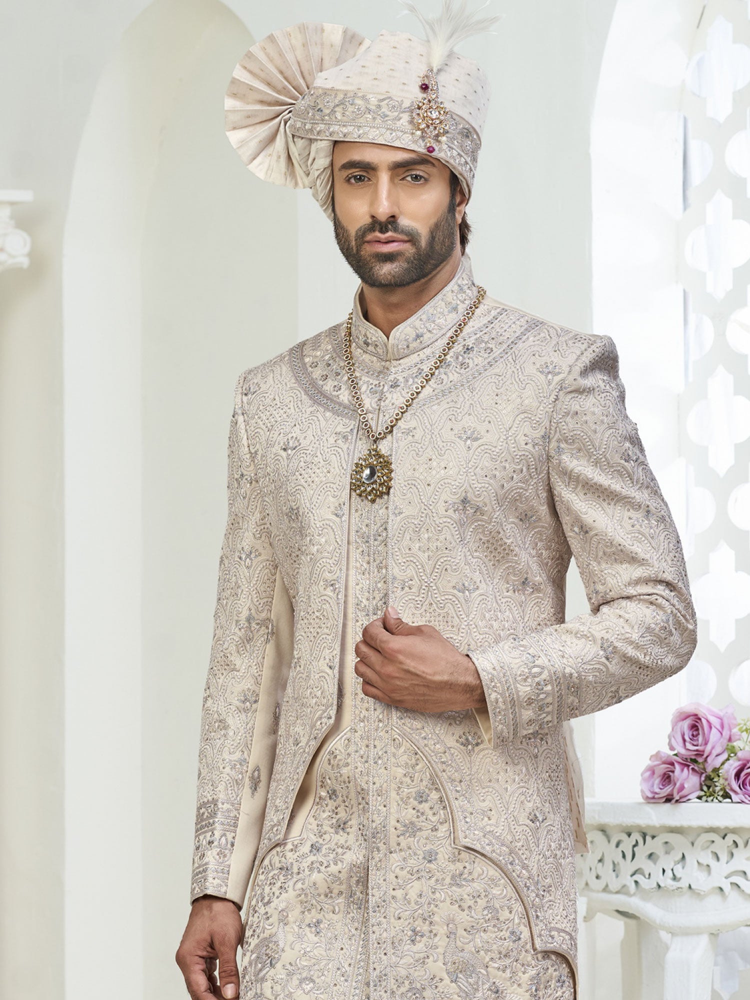 Cream Heavy Floral Thread Embroidered Sherwani