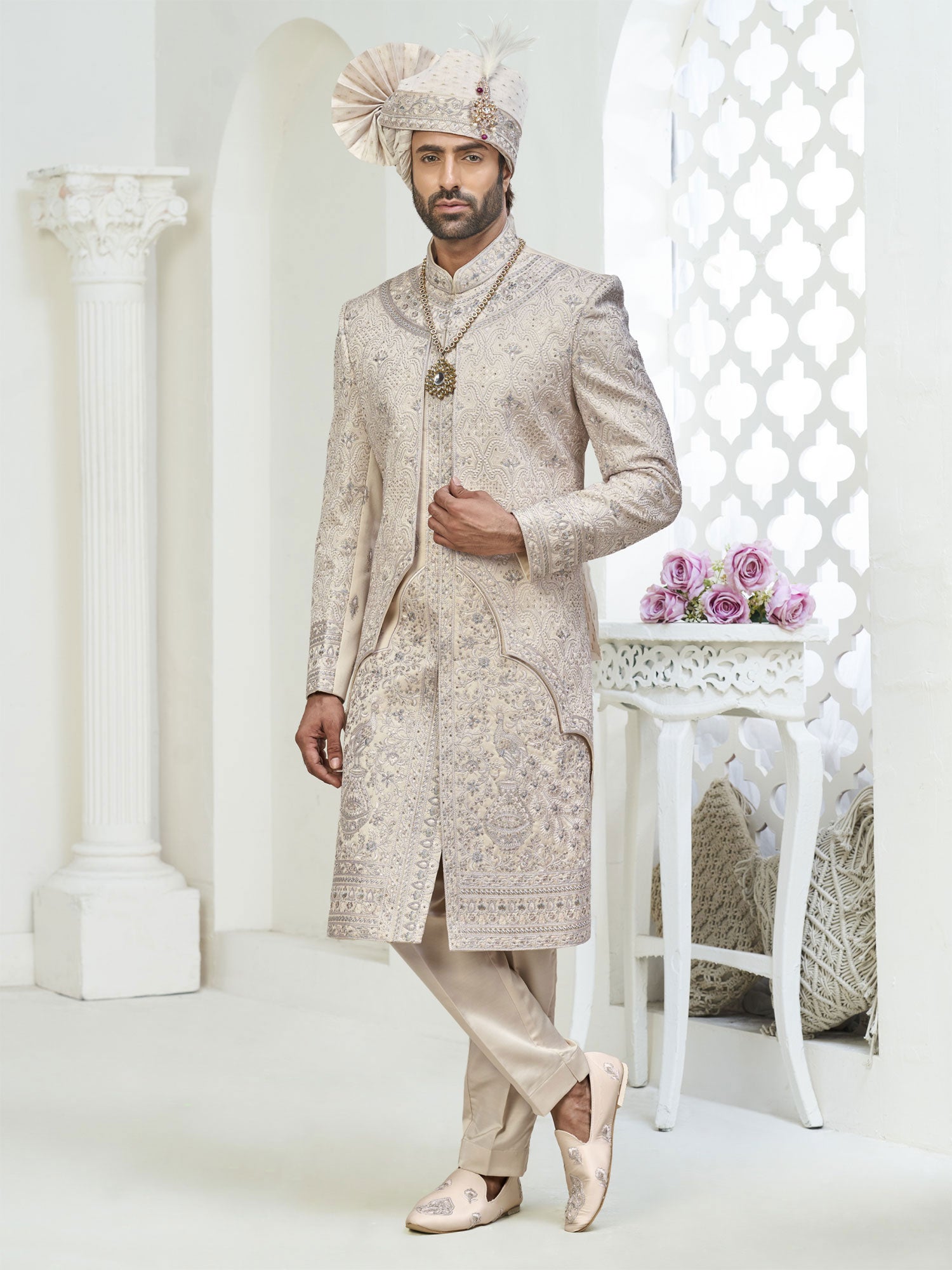 Cream Heavy Floral Thread Embroidered Sherwani