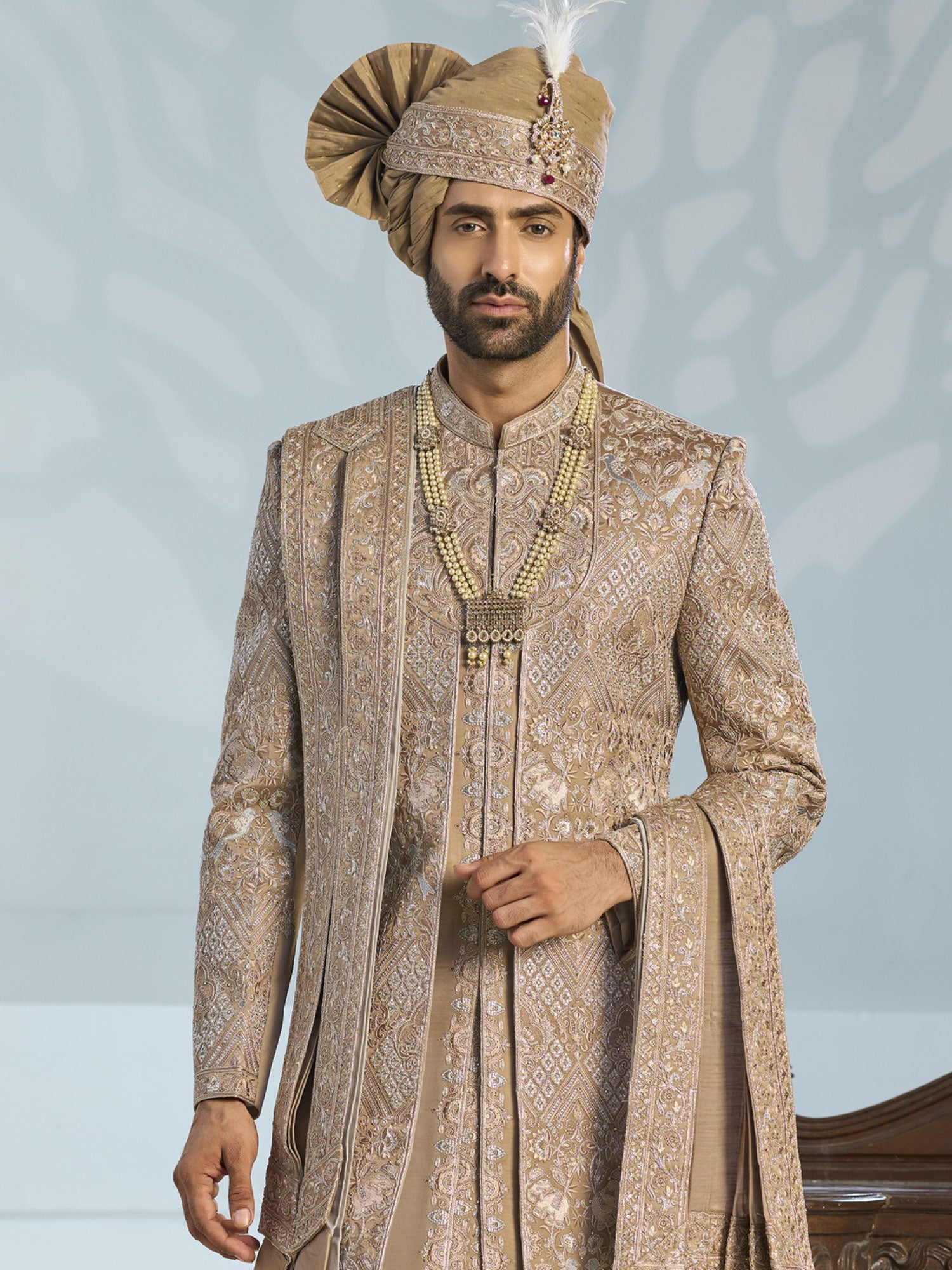 Golden Layered Style Groom's Sherwani In Silk