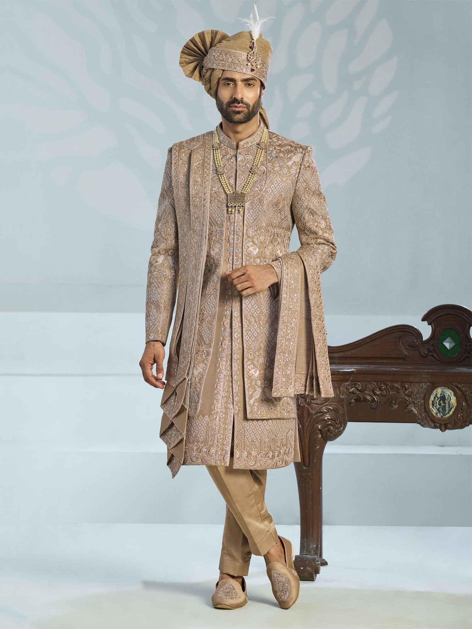 Golden Layered Style Groom's Sherwani In Silk