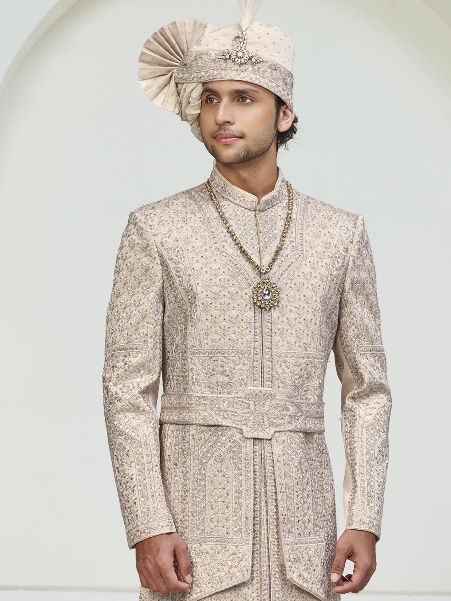 Ivory Cream Layered Style Sherwani For Grooms