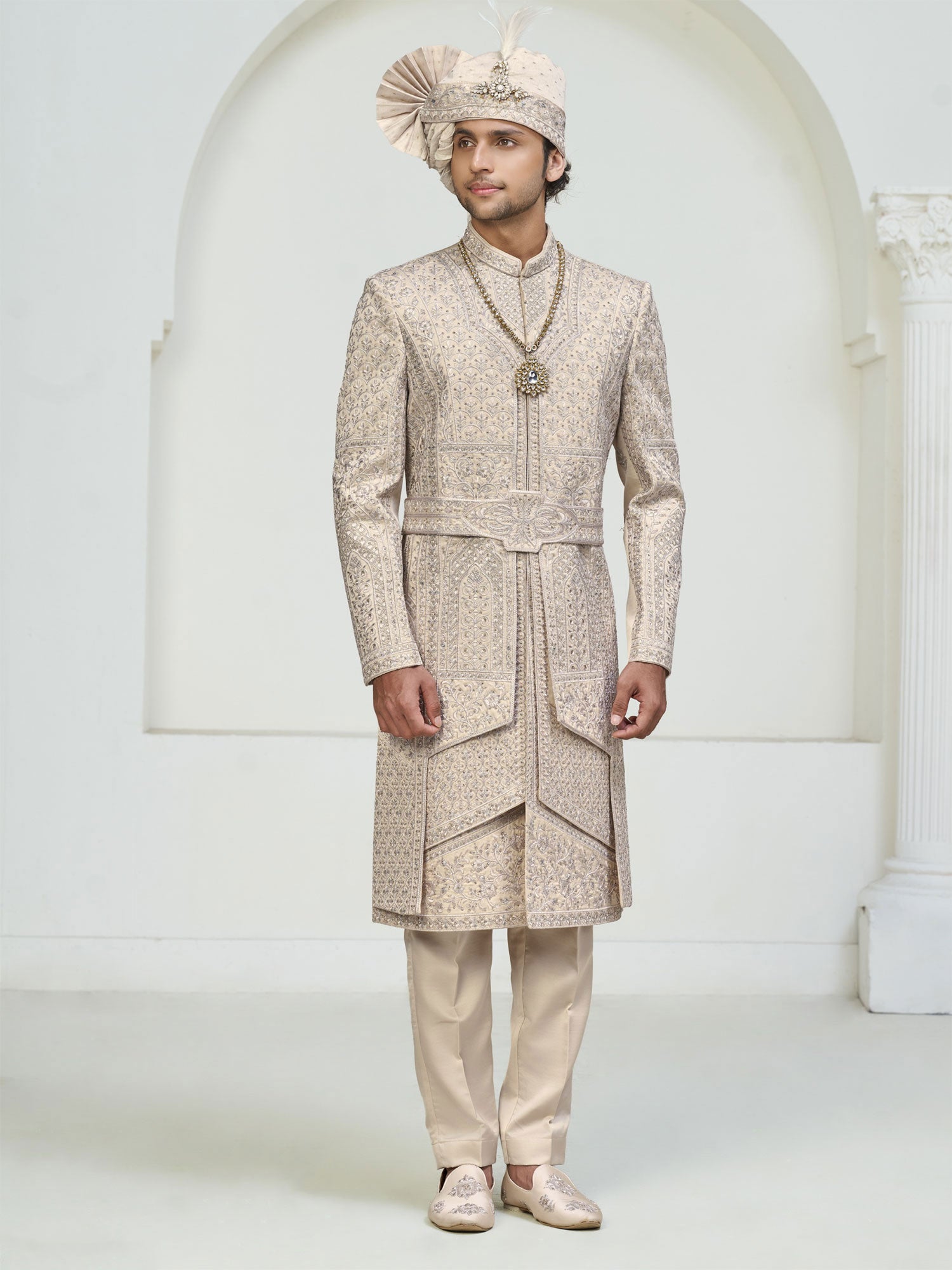 Ivory Cream Layered Style Sherwani For Grooms