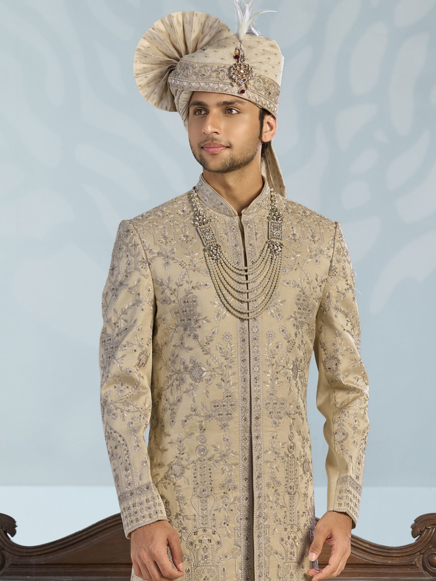 Golden Men's Sherwani In Floral Embellishments