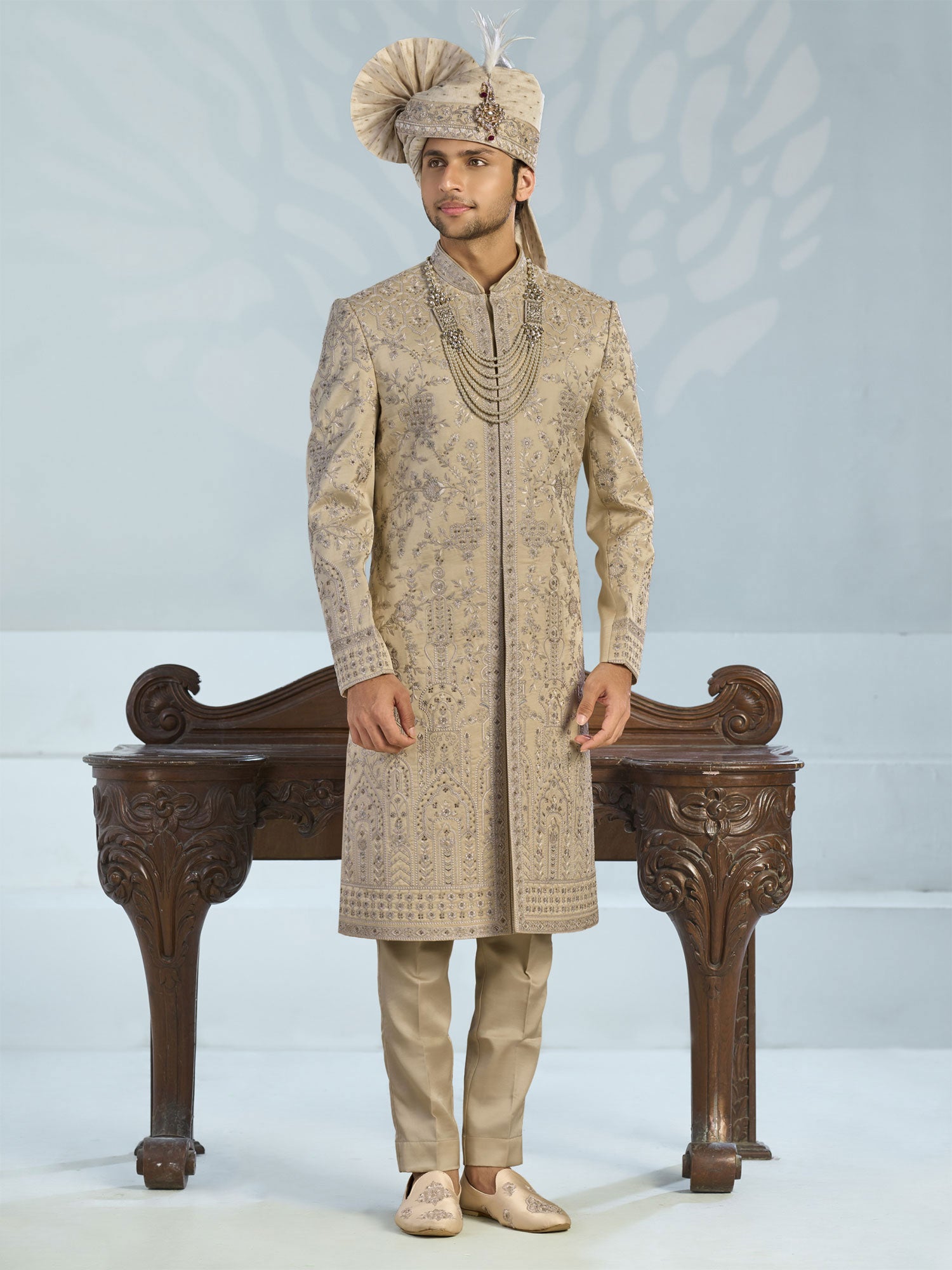 Golden Men's Sherwani In Floral Embellishments