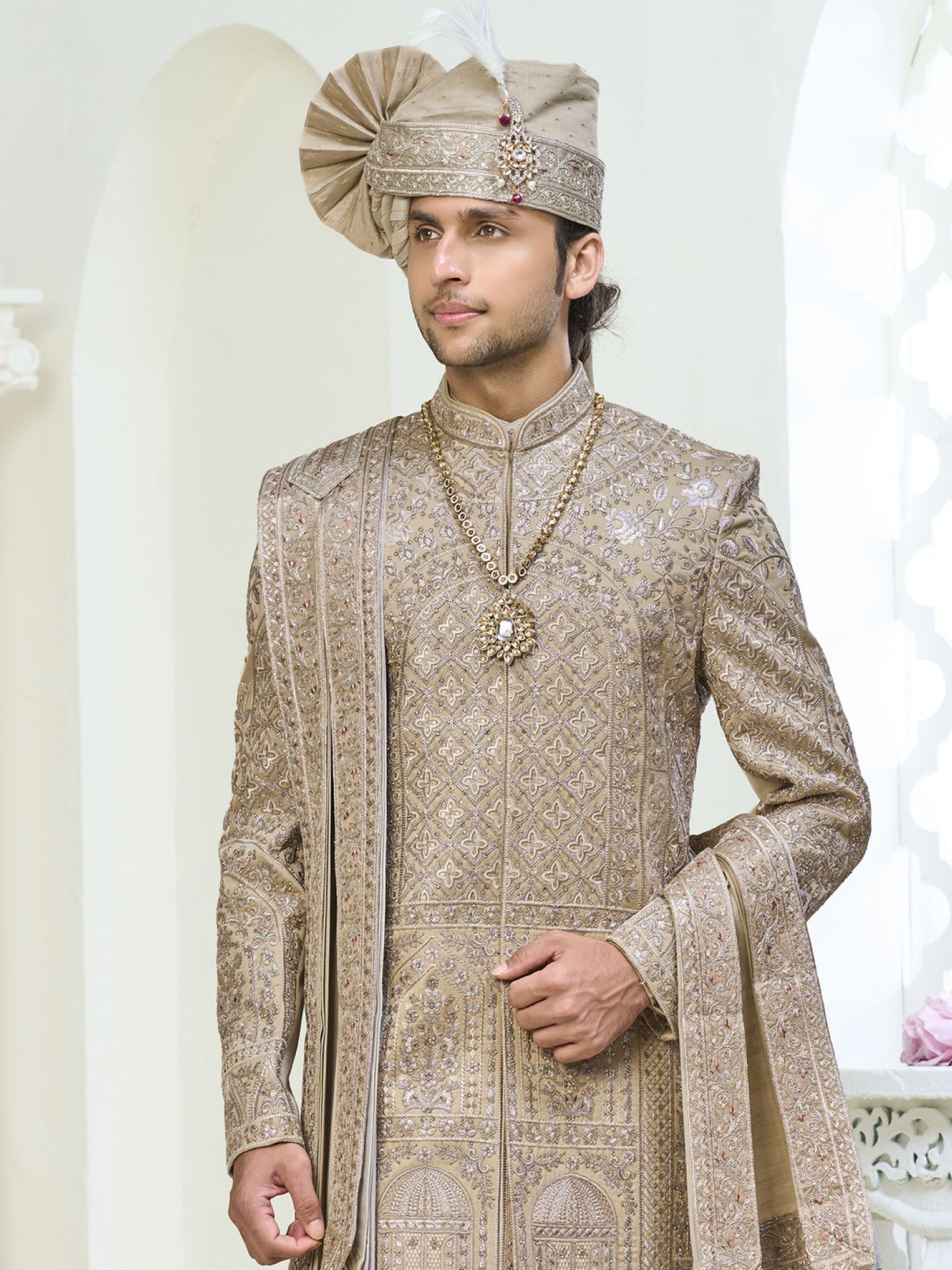 Beige Groom's Sherwani With Anarkali Kurta & Stole