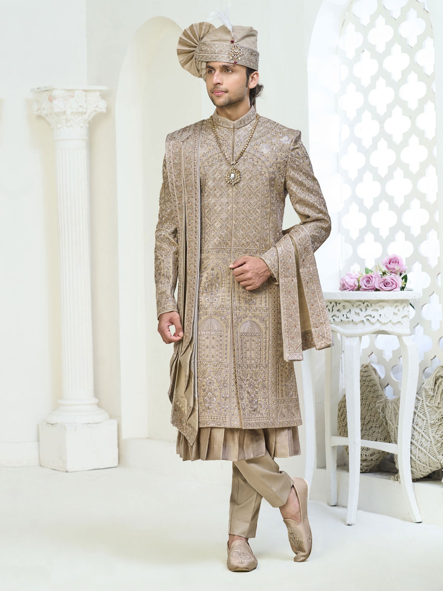 Beige Groom's Sherwani With Anarkali Kurta & Stole
