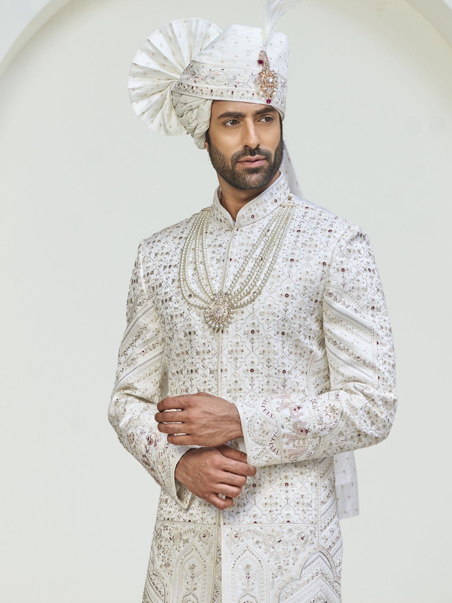 White Heavy Thread Embroidered Silk Sherwani