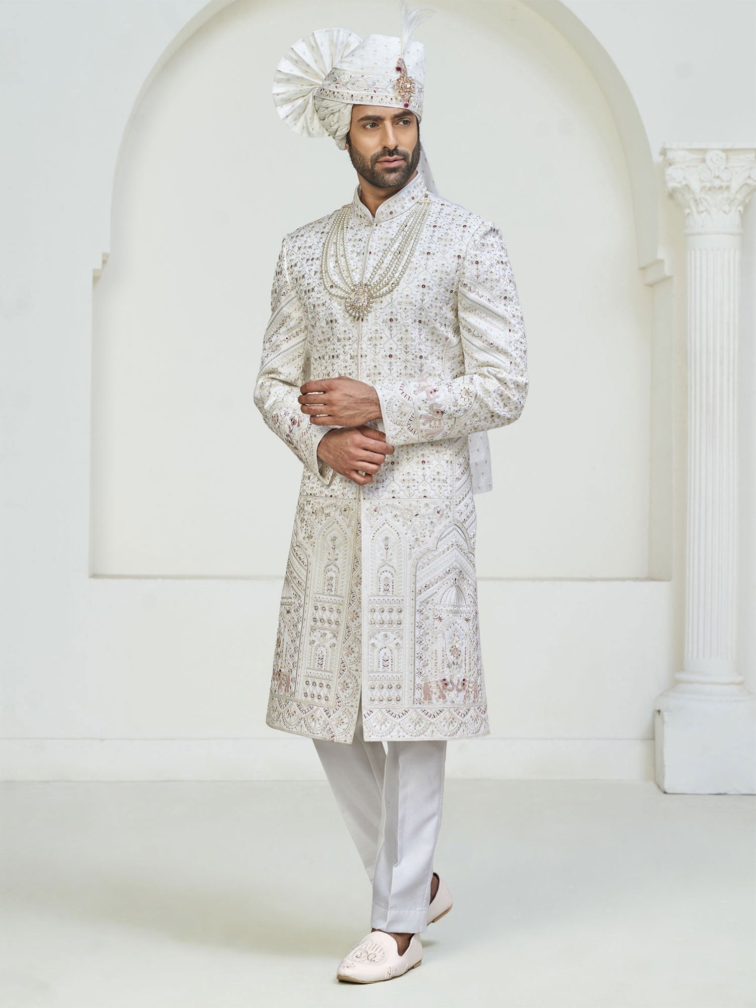 White Heavy Thread Embroidered Silk Sherwani
