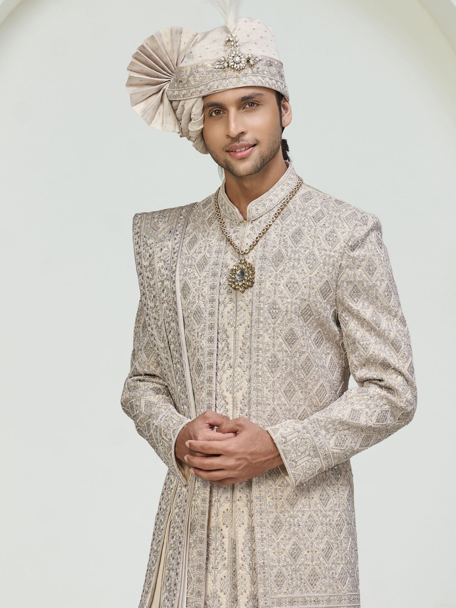 Cream Silk Sherwani In Layered Style With Stole