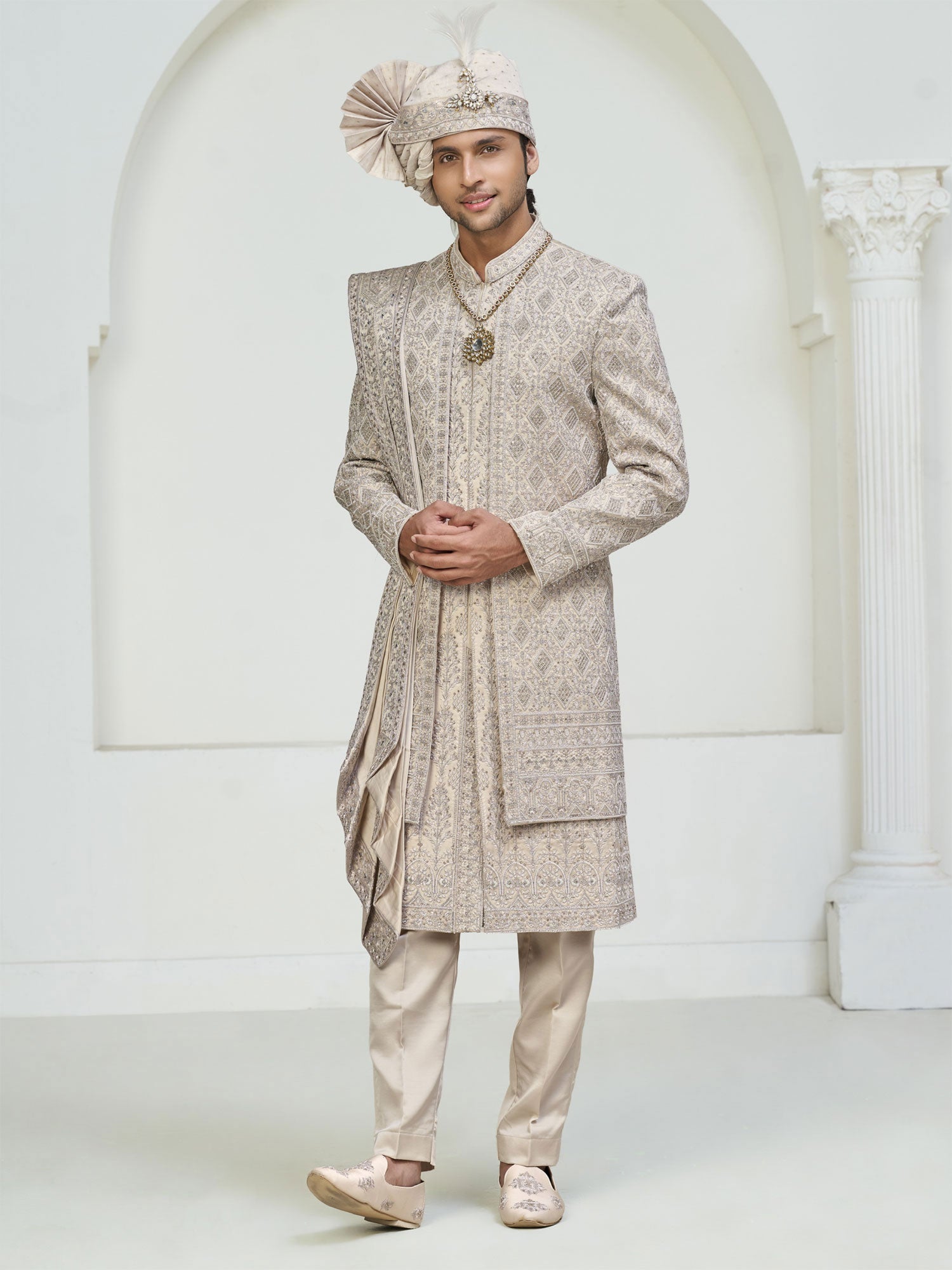 Cream Silk Sherwani In Layered Style With Stole