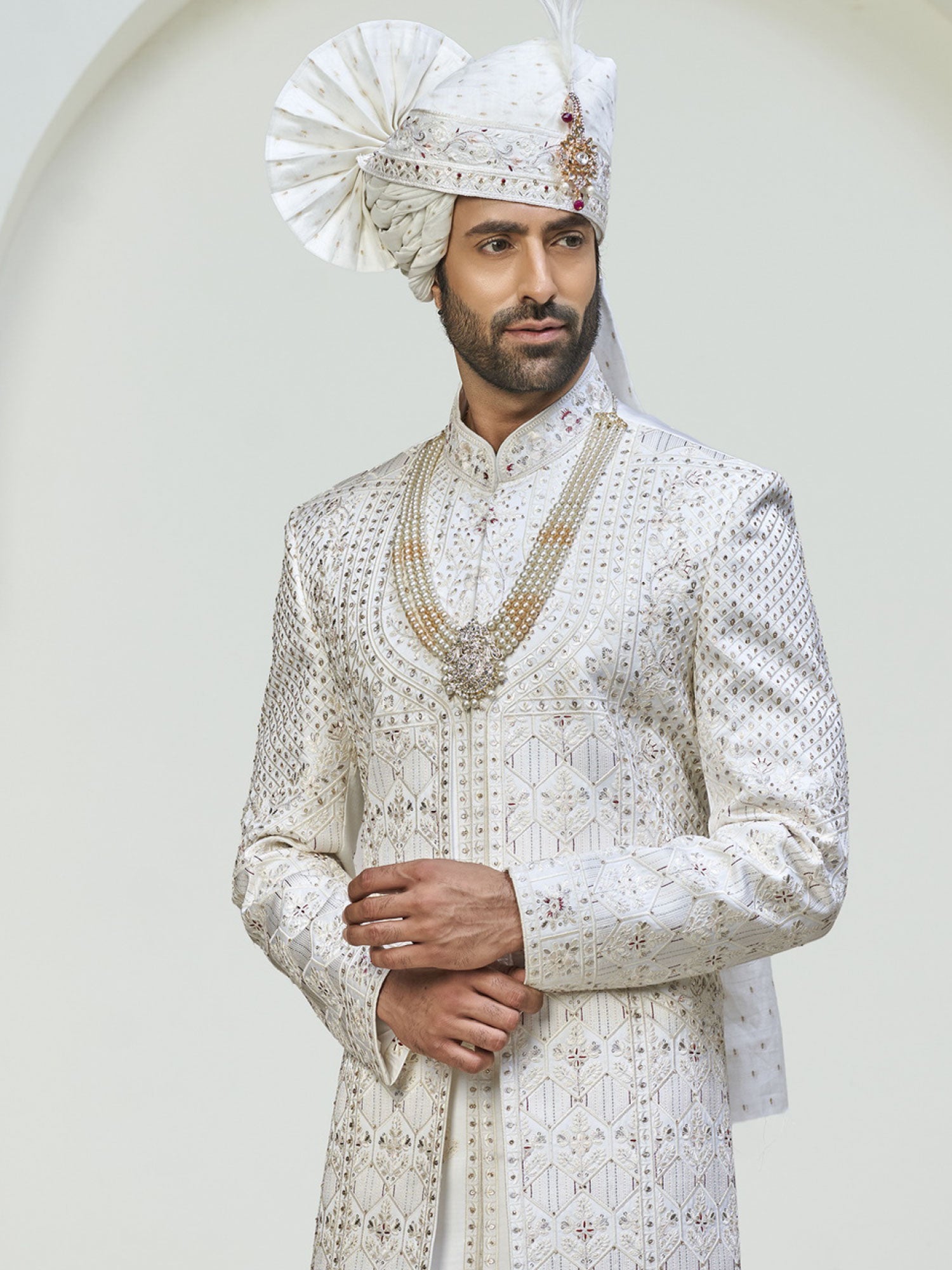 White Menswear Layered Style Sherwani Set