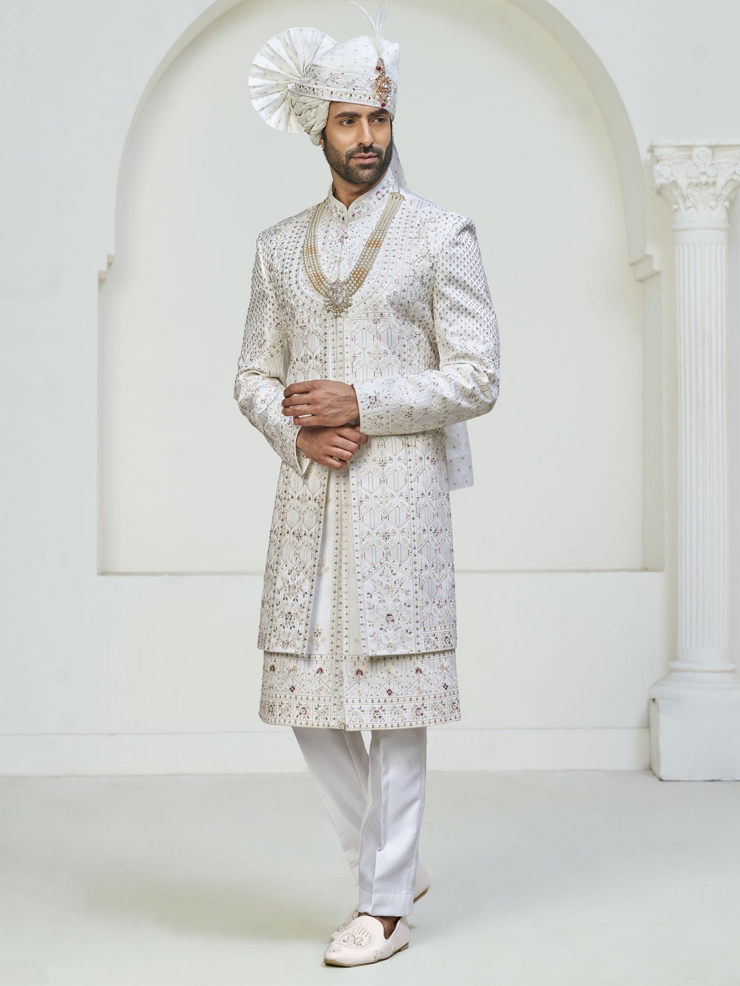 White Menswear Layered Style Sherwani Set