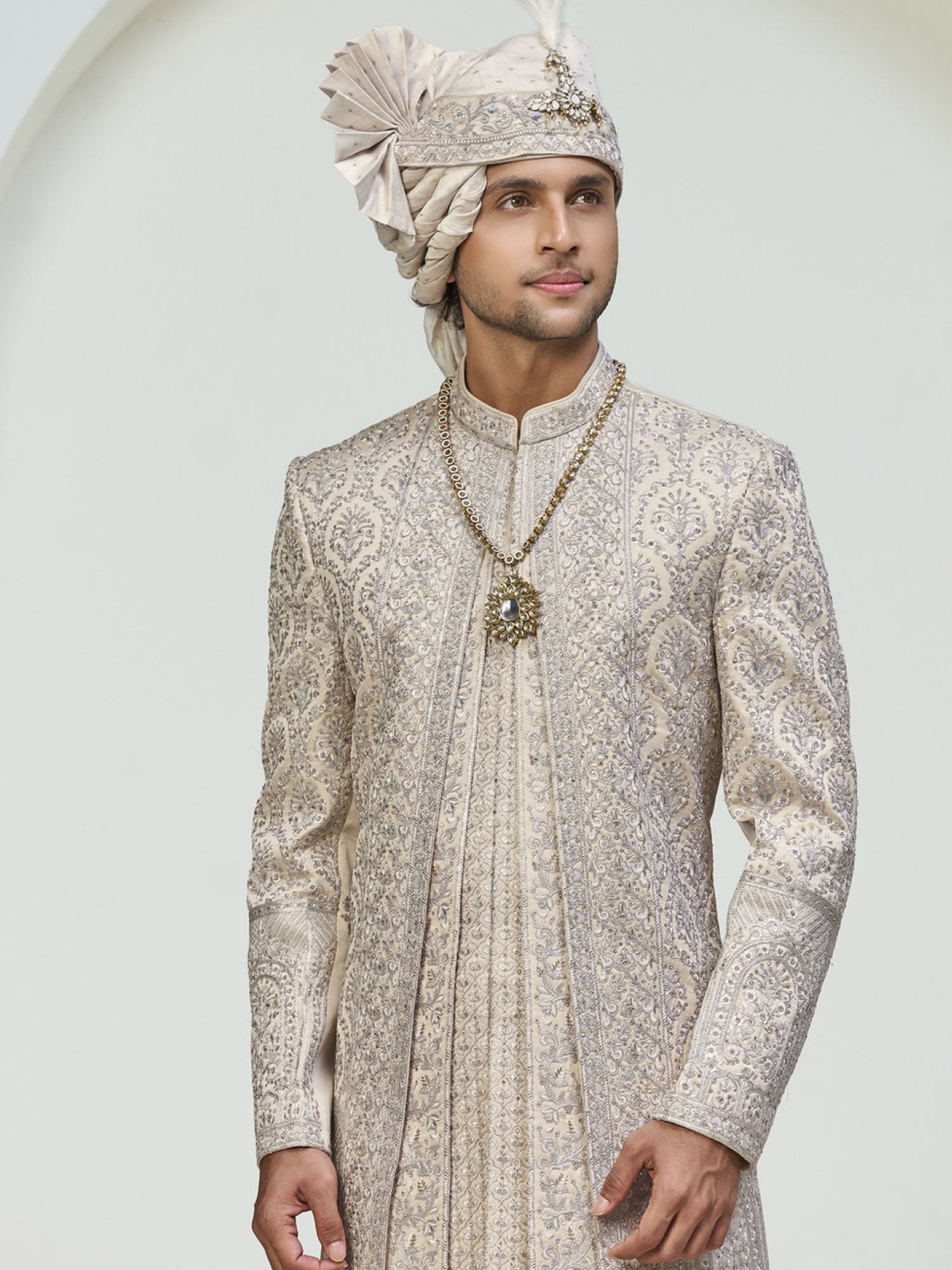 Cream Groom's Silk Sherwani In Layered Style