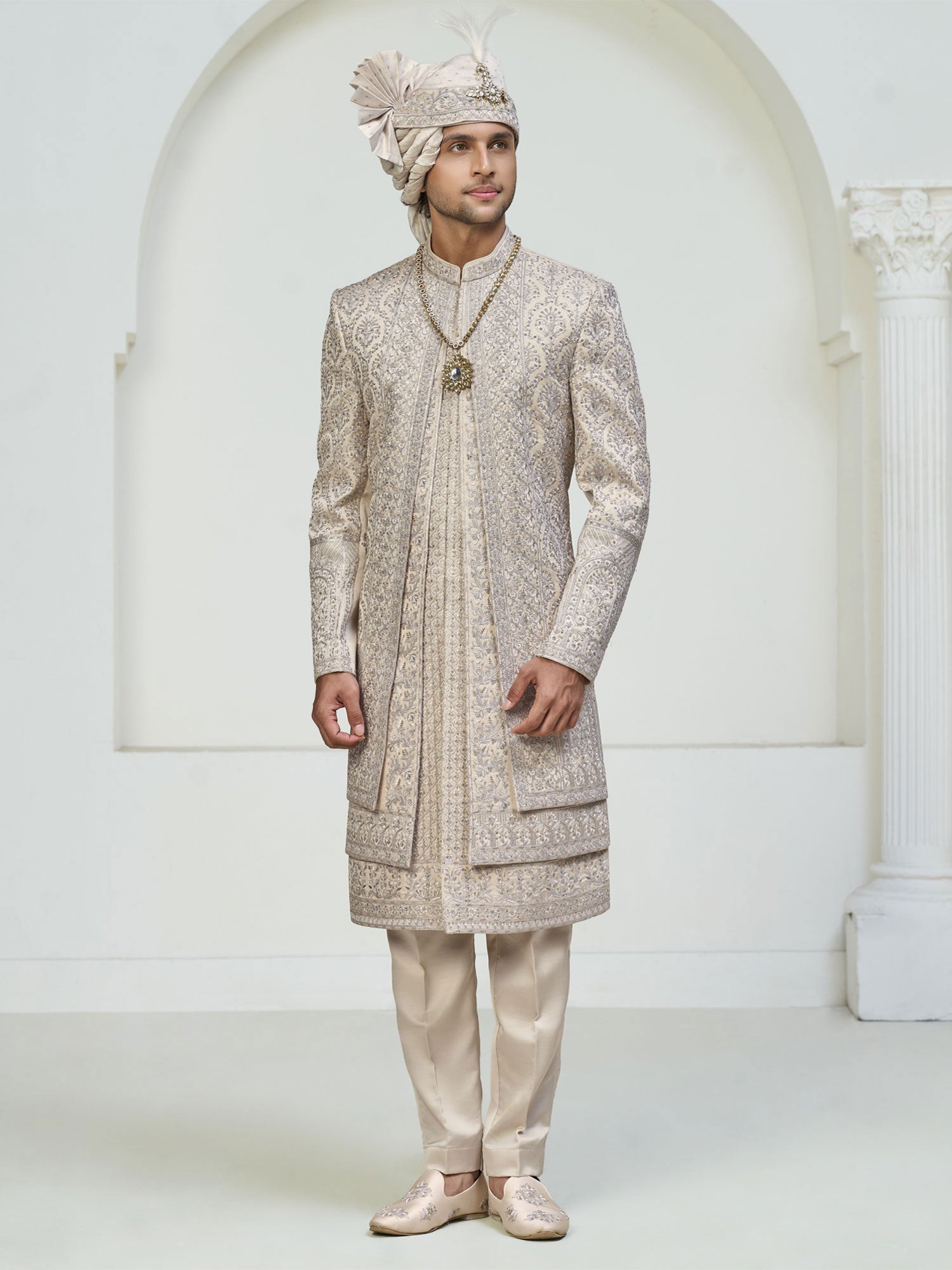 Cream Groom's Silk Sherwani In Layered Style