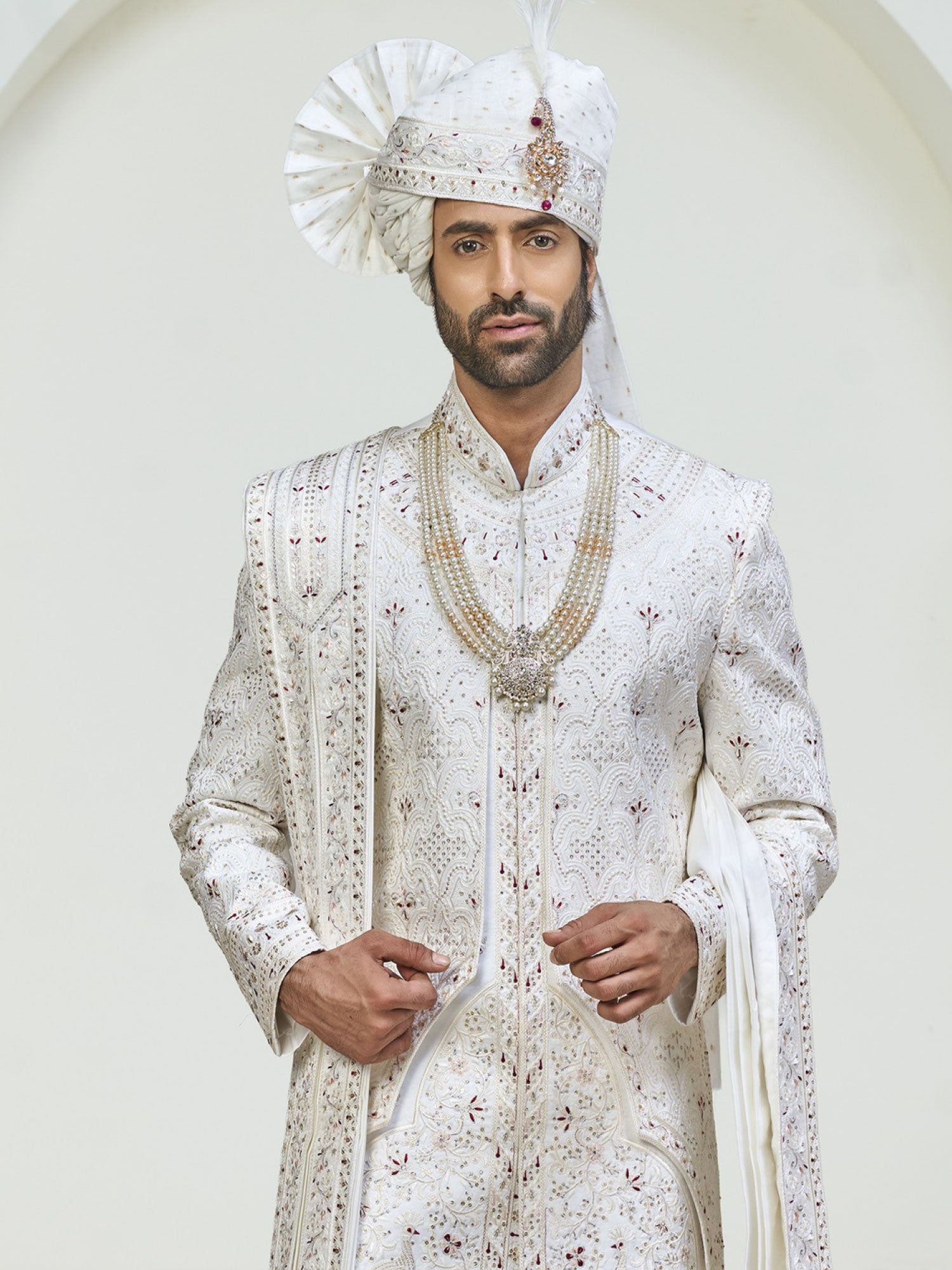 White Groom's Sherwani With Embroidered Stole