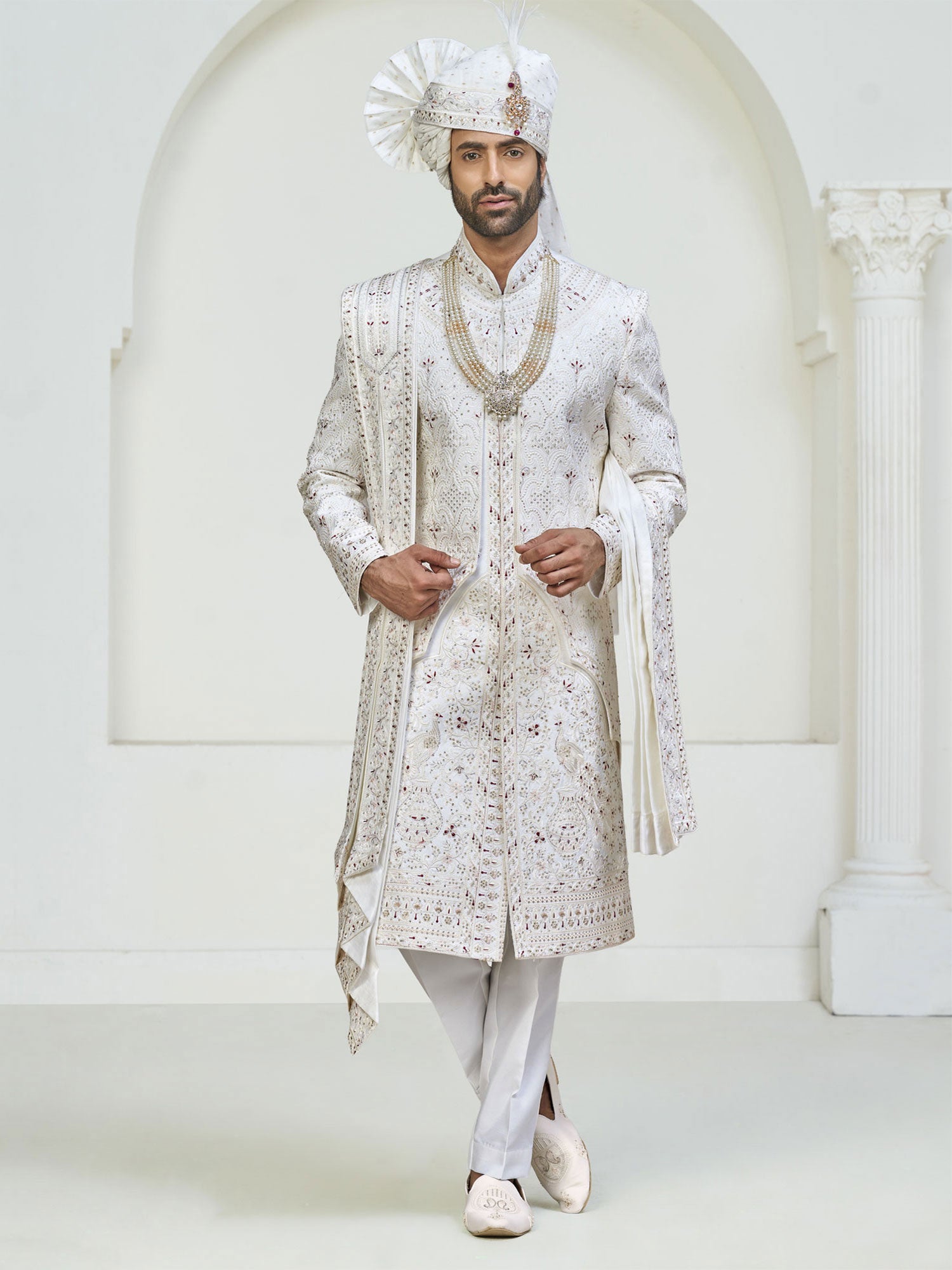 White Groom's Sherwani With Embroidered Stole