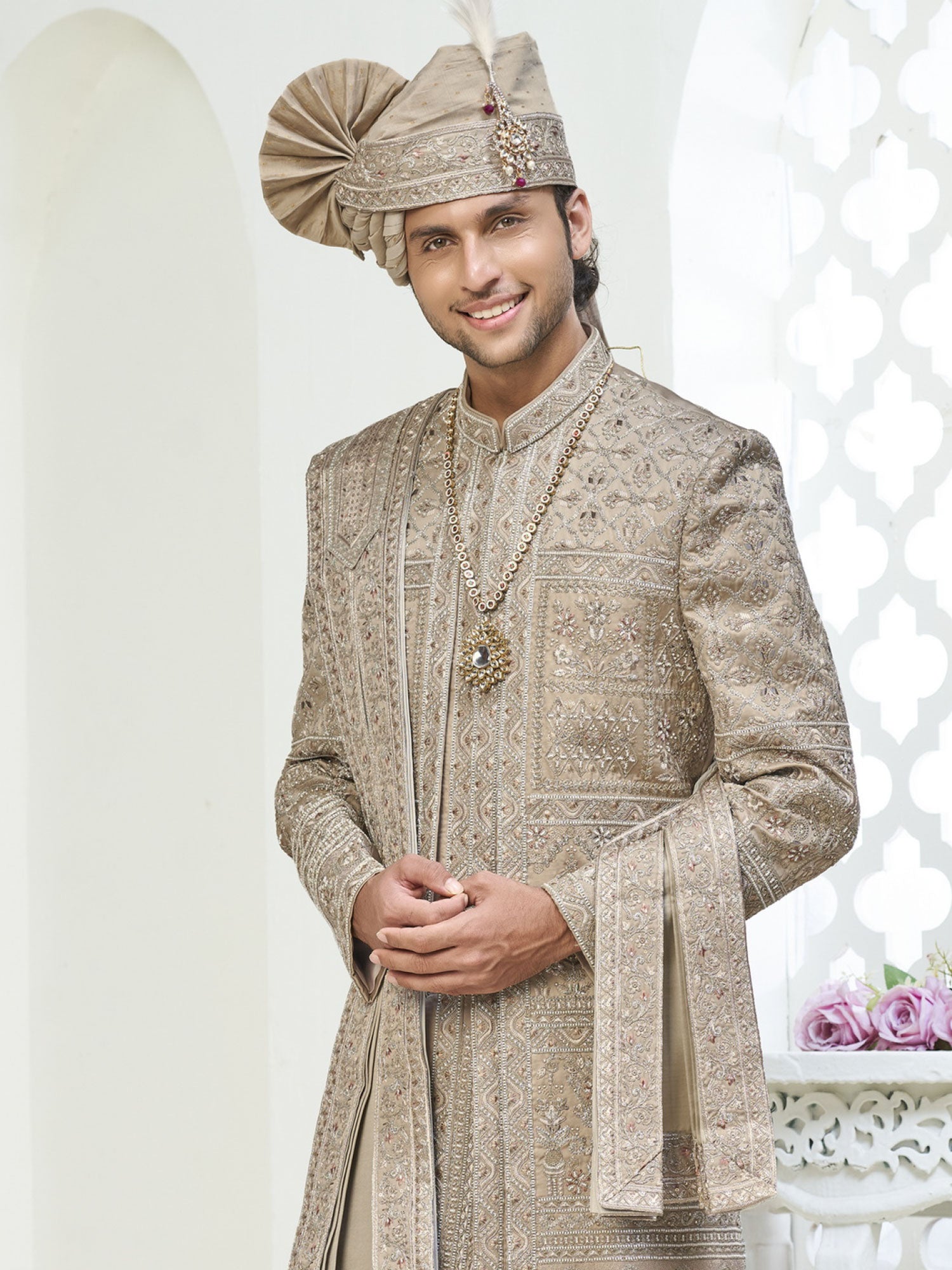 Dark Beige Layered Style Sherwani With Stole