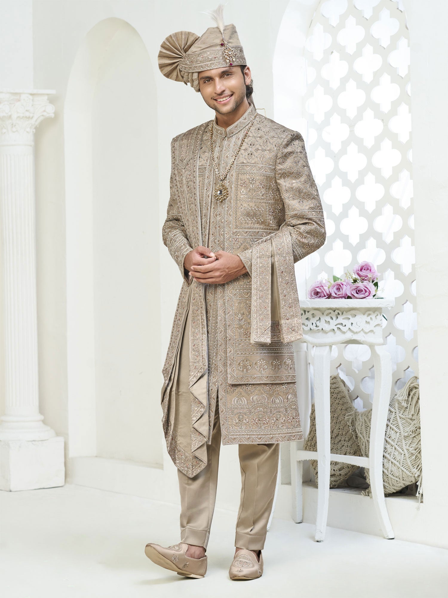Dark Beige Layered Style Sherwani With Stole
