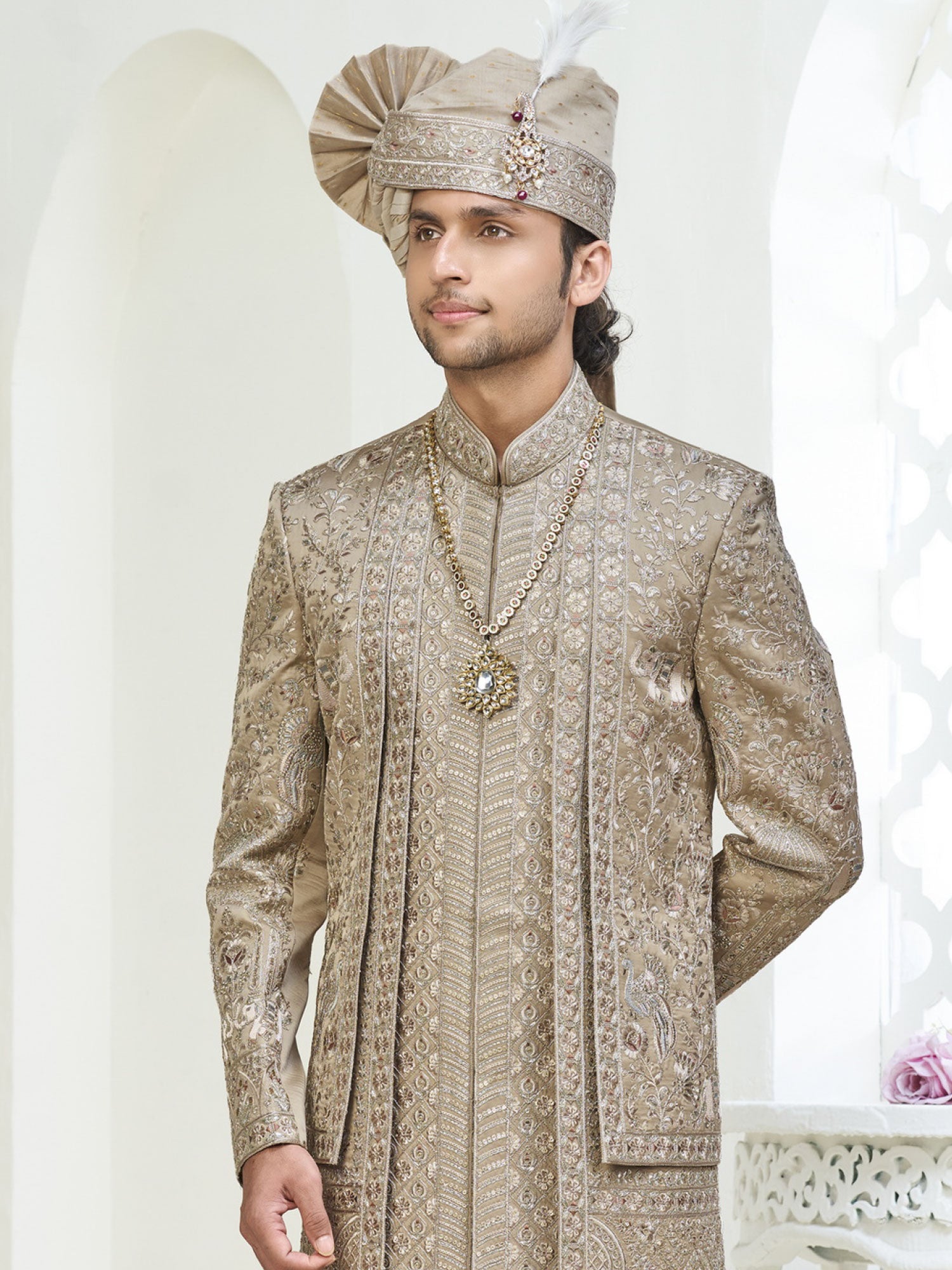Beige Men's Sherwani Set In Sequins Work