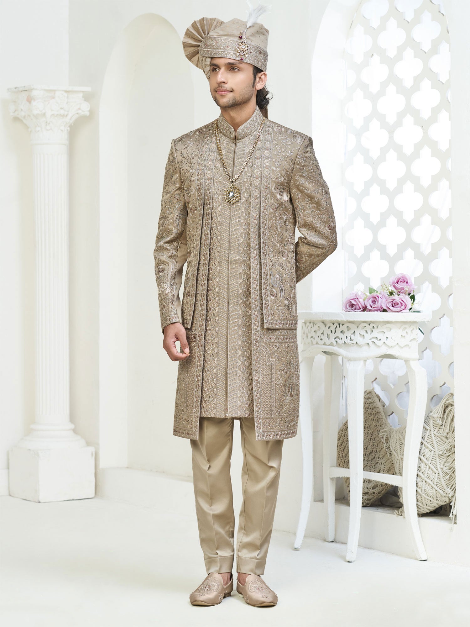 Beige Men's Sherwani Set In Sequins Work
