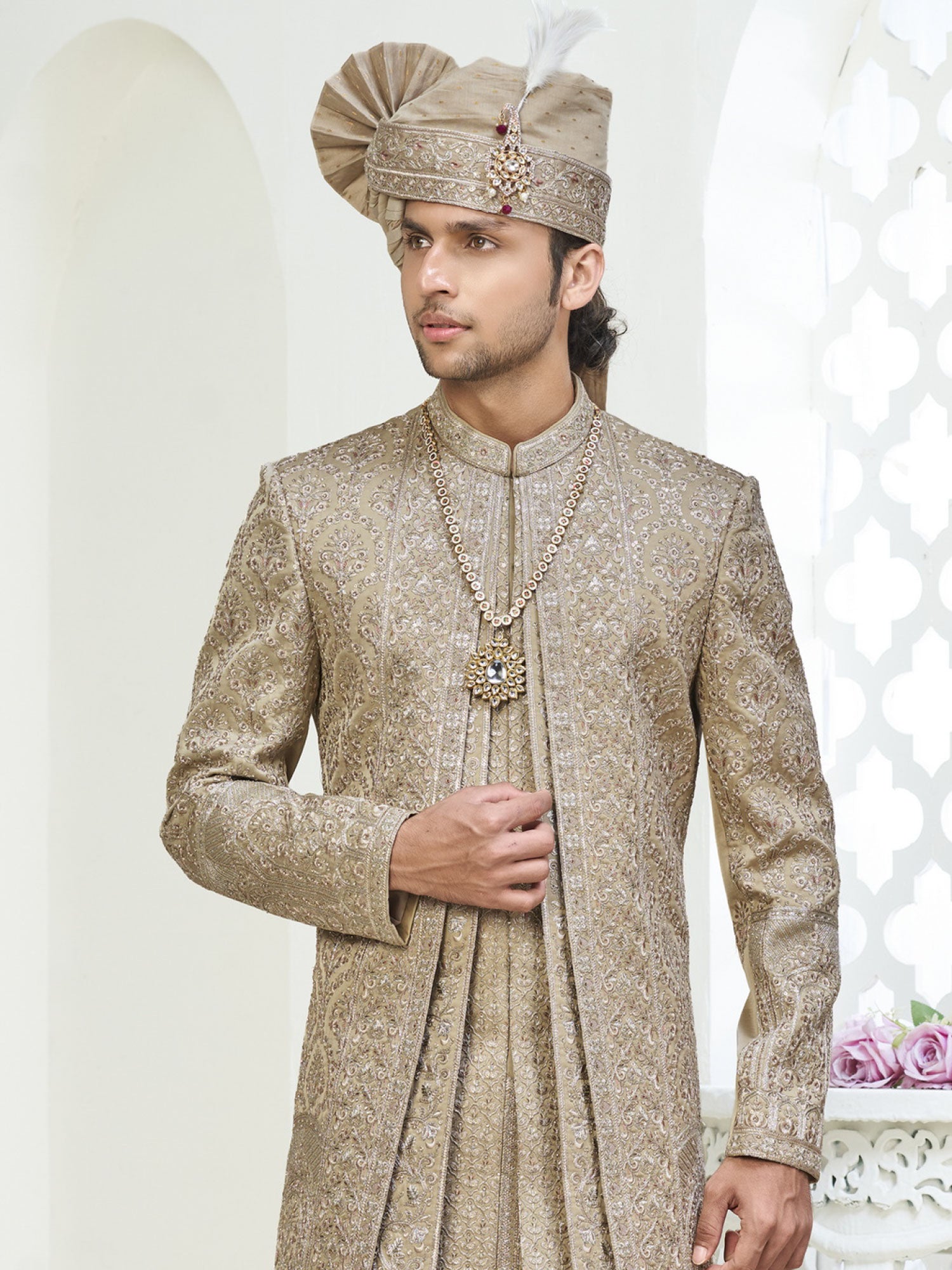 Beige Layered Style Silk Sherwani For Grooms