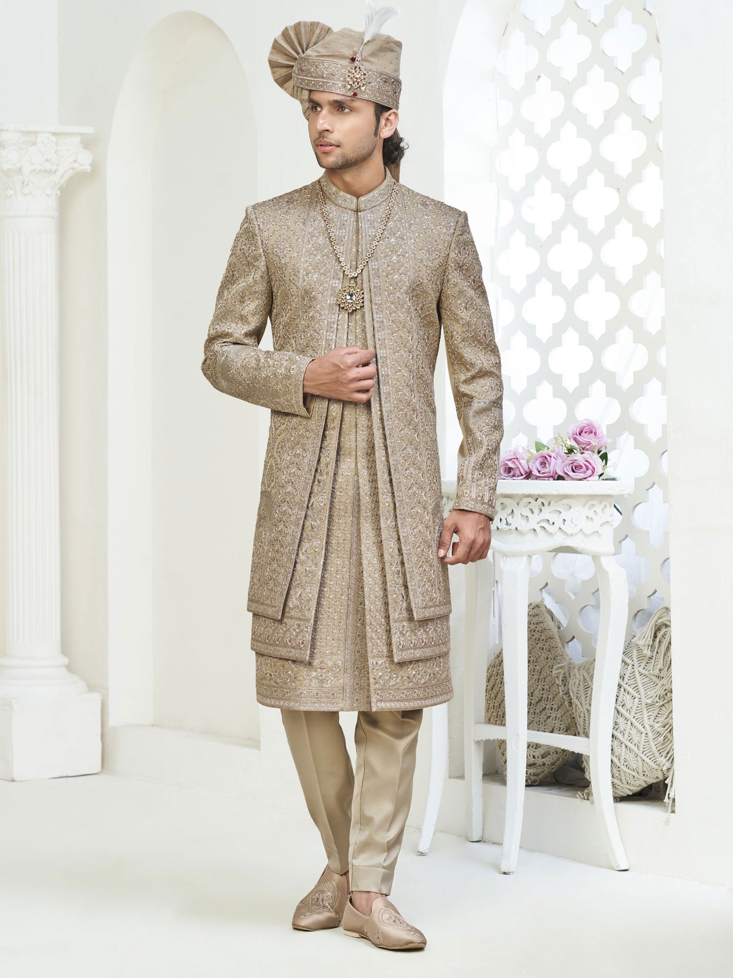 Beige Layered Style Silk Sherwani For Grooms
