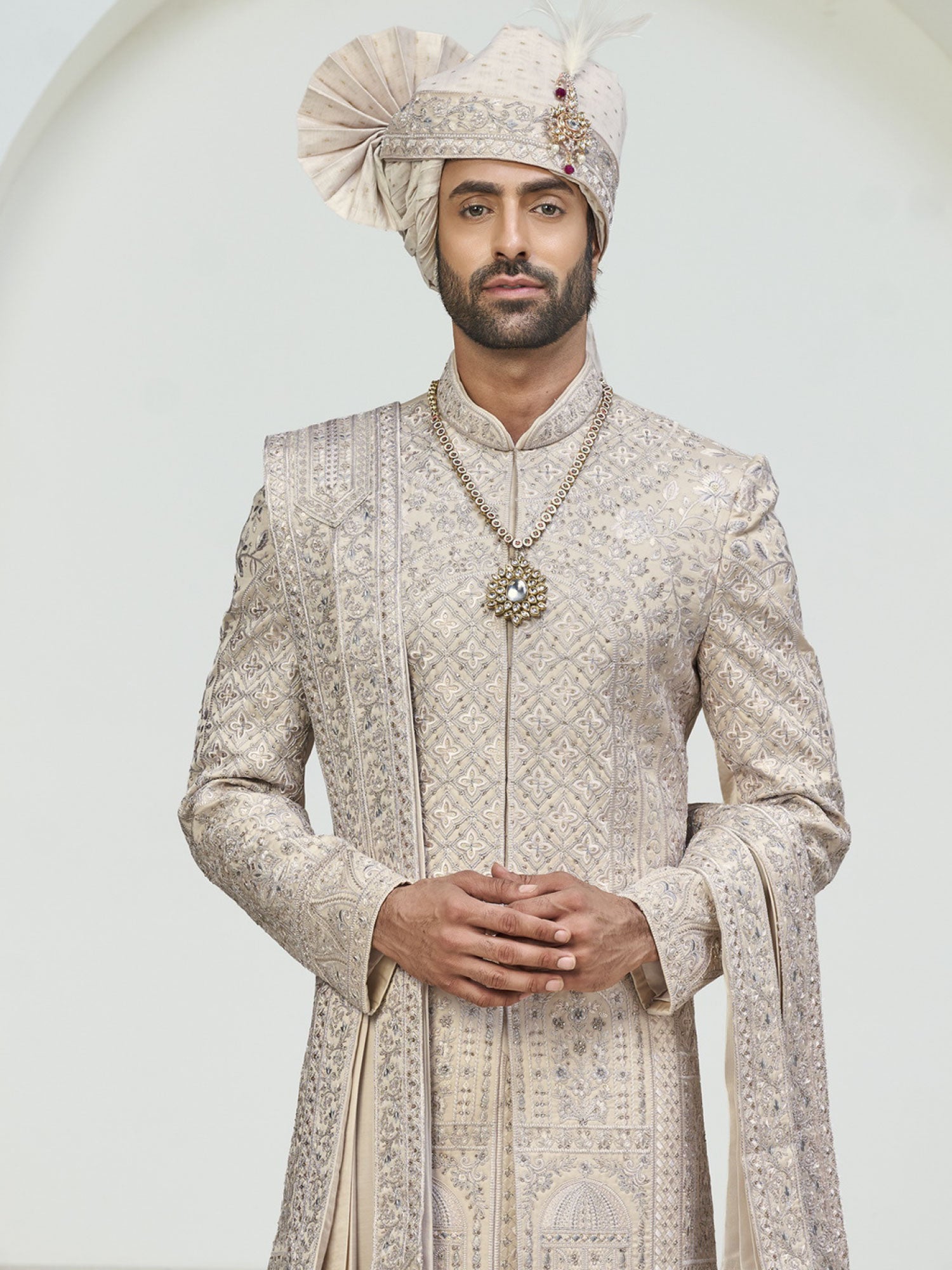 Cream Wedding Wear Groom's Sherwani Set