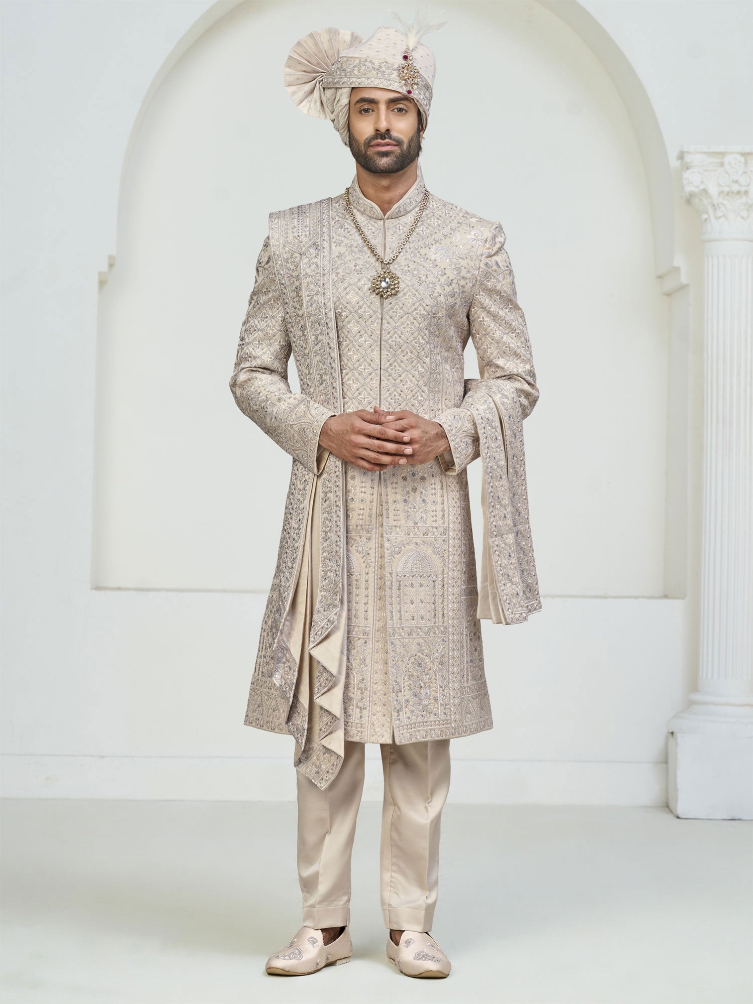 Cream Wedding Wear Groom's Sherwani Set