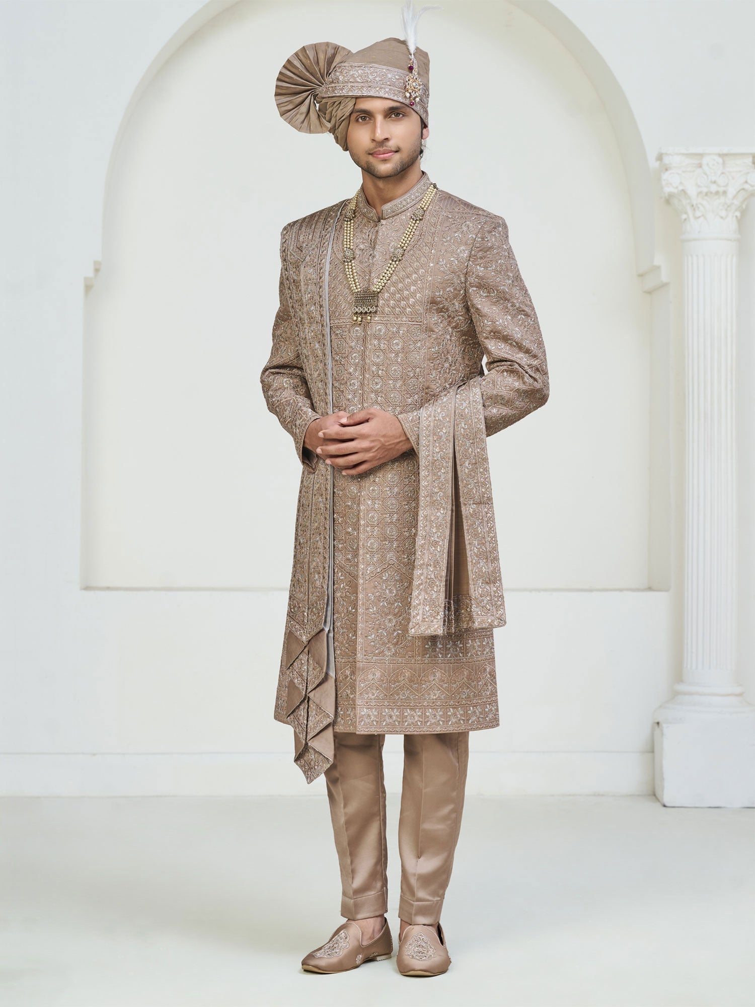 Rosegold Beige Heavy Embroidered Sherwani Set