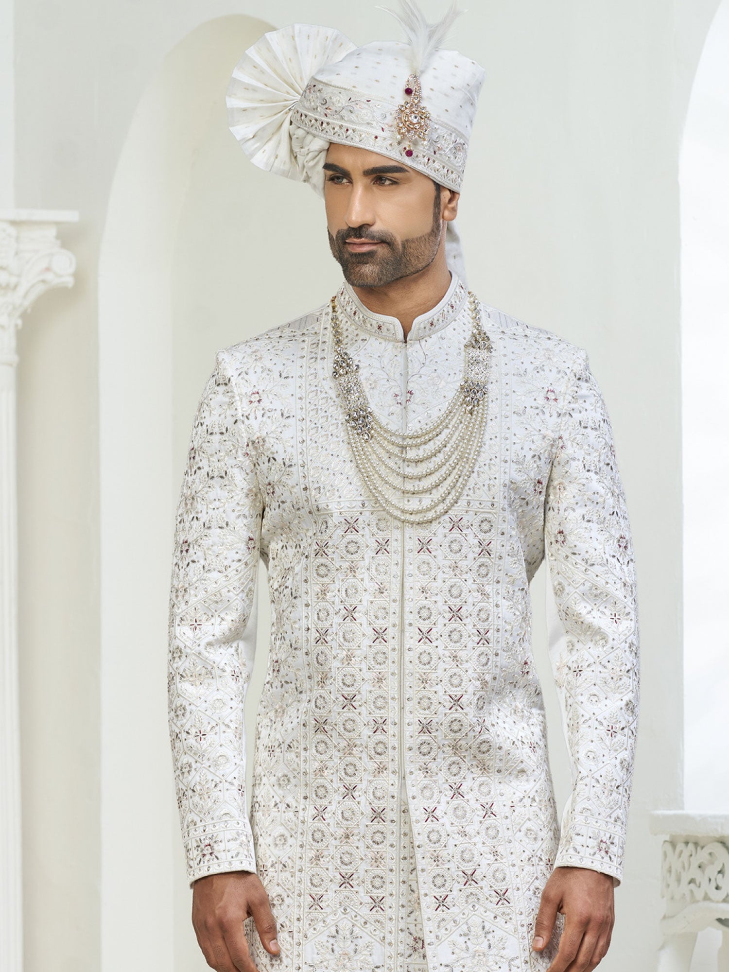 White Floral Thread Embroidered Silk Sherwani