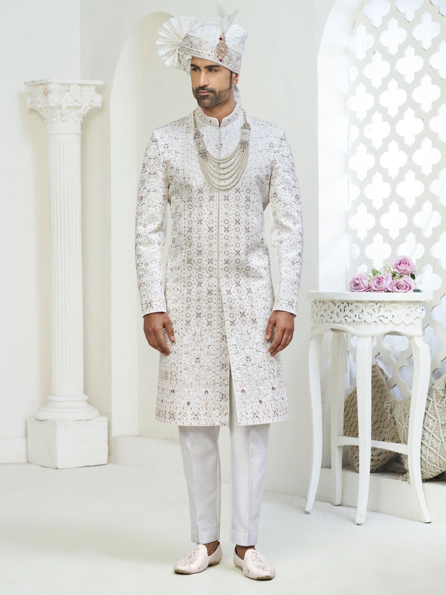 White Floral Thread Embroidered Silk Sherwani
