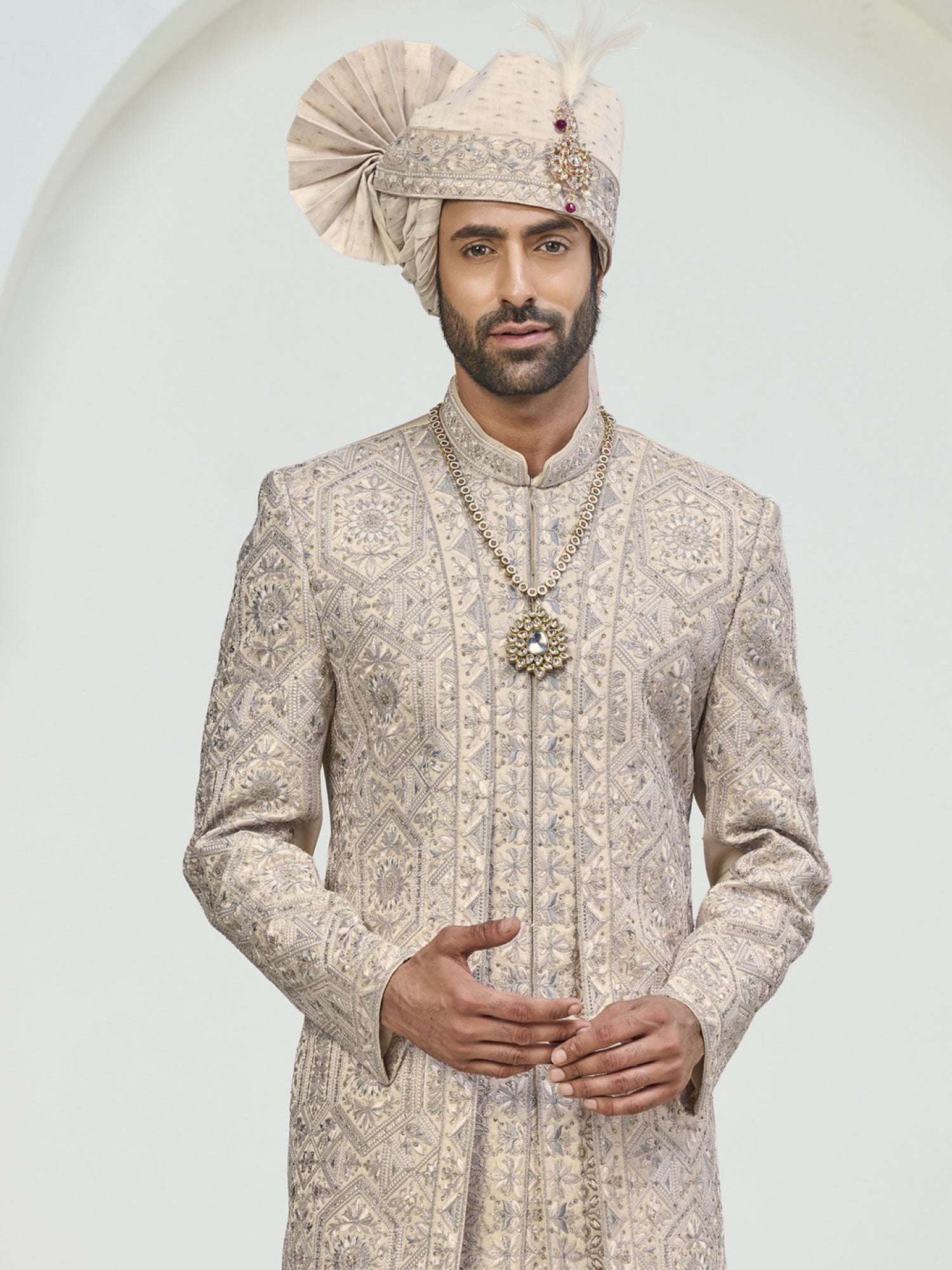Cream Stone Work Embellished Grooms Sherwani