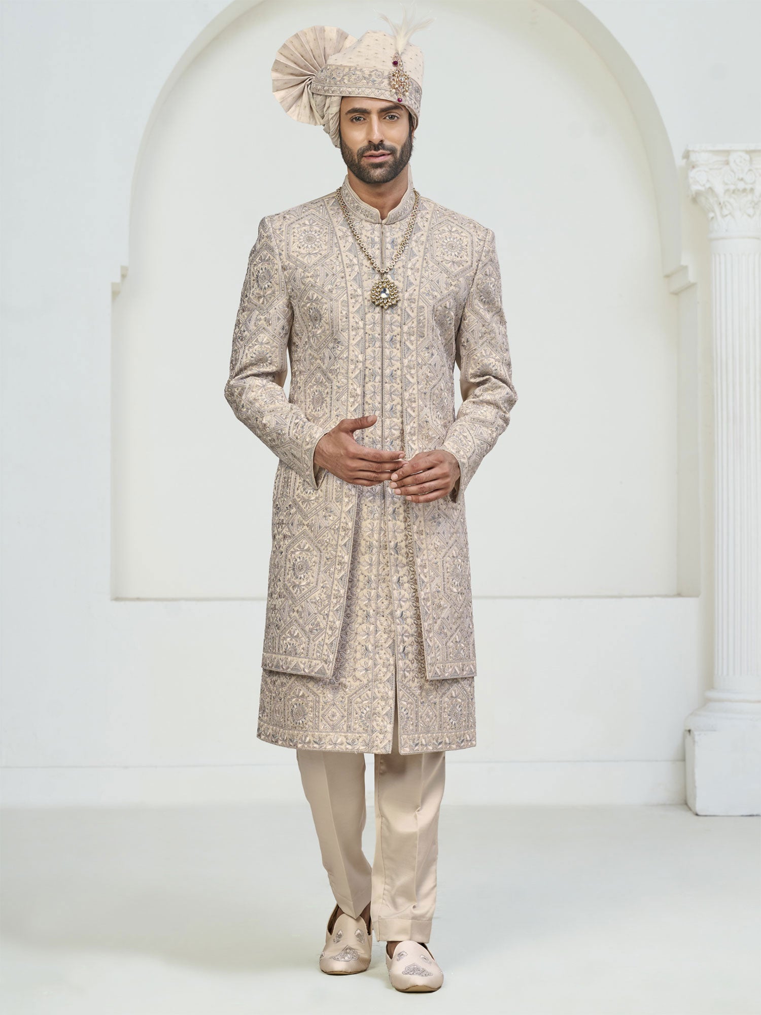 Cream Stone Work Embellished Grooms Sherwani