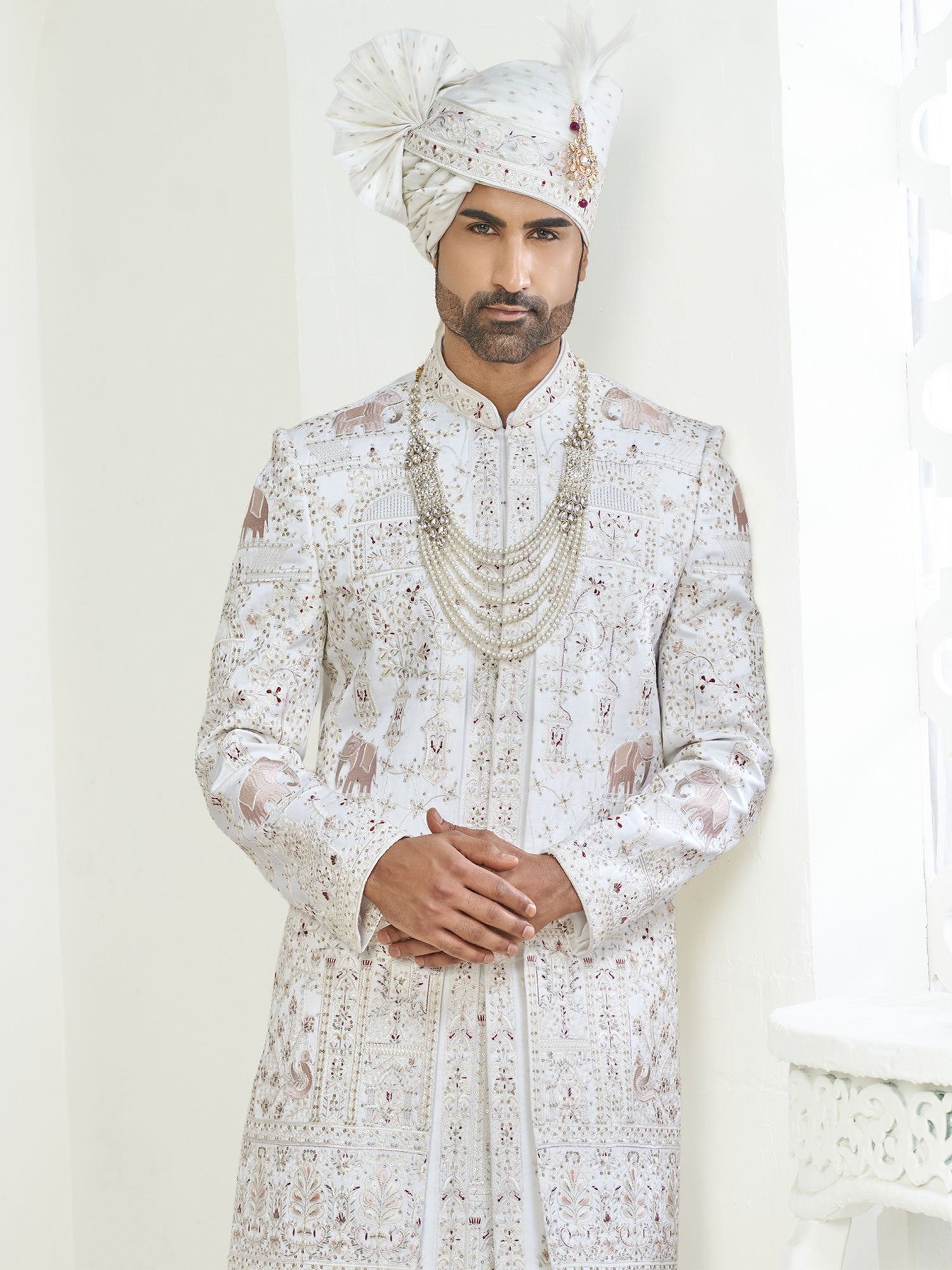 White Layered Style Sherwani Set For Grooms