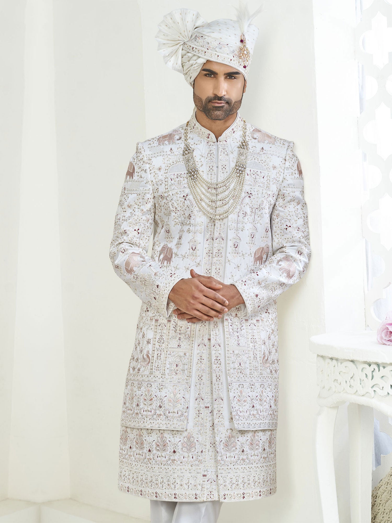 White Layered Style Sherwani Set For Grooms