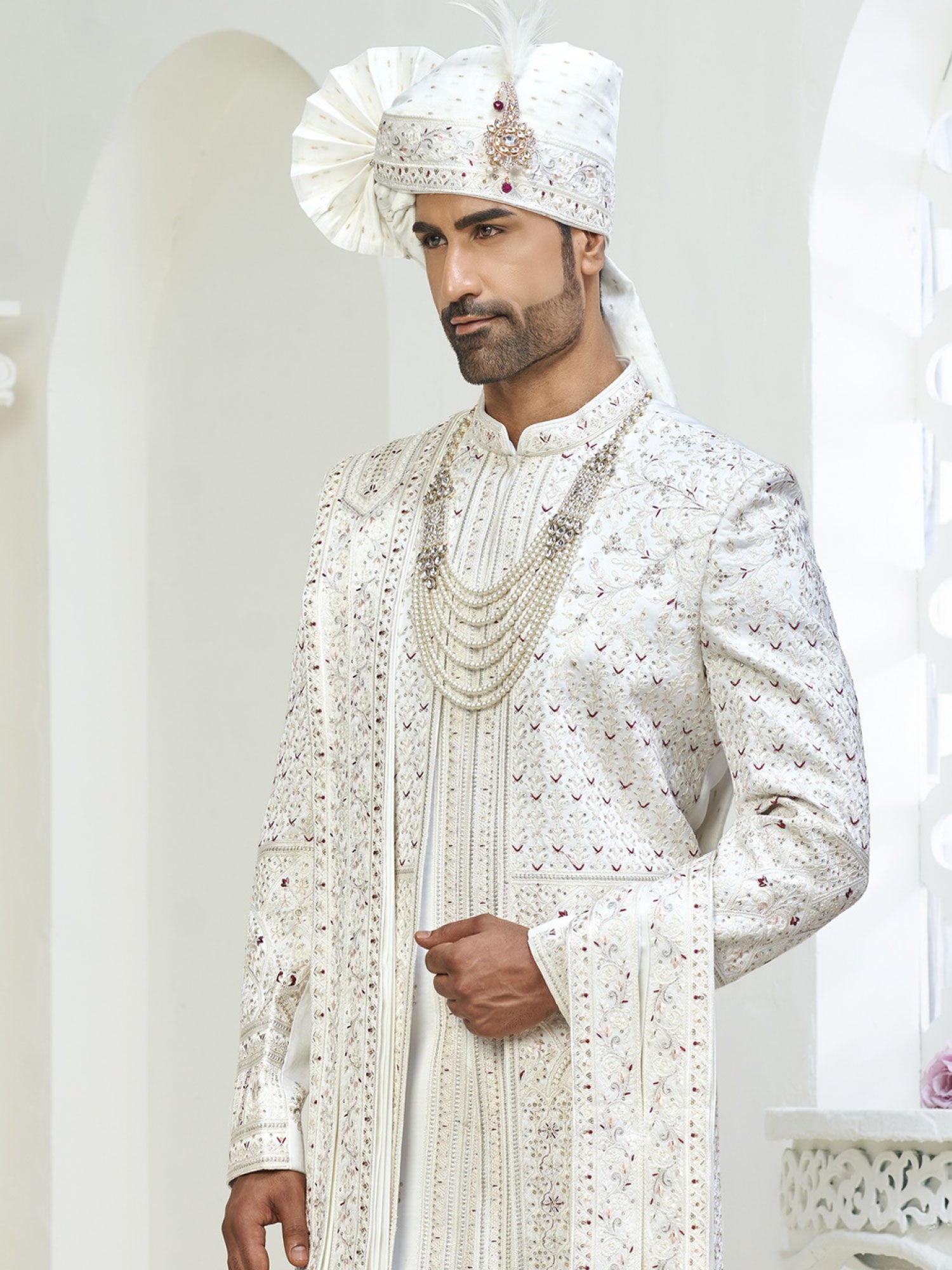 White Groom's Sherwani In Stone Work With Stole
