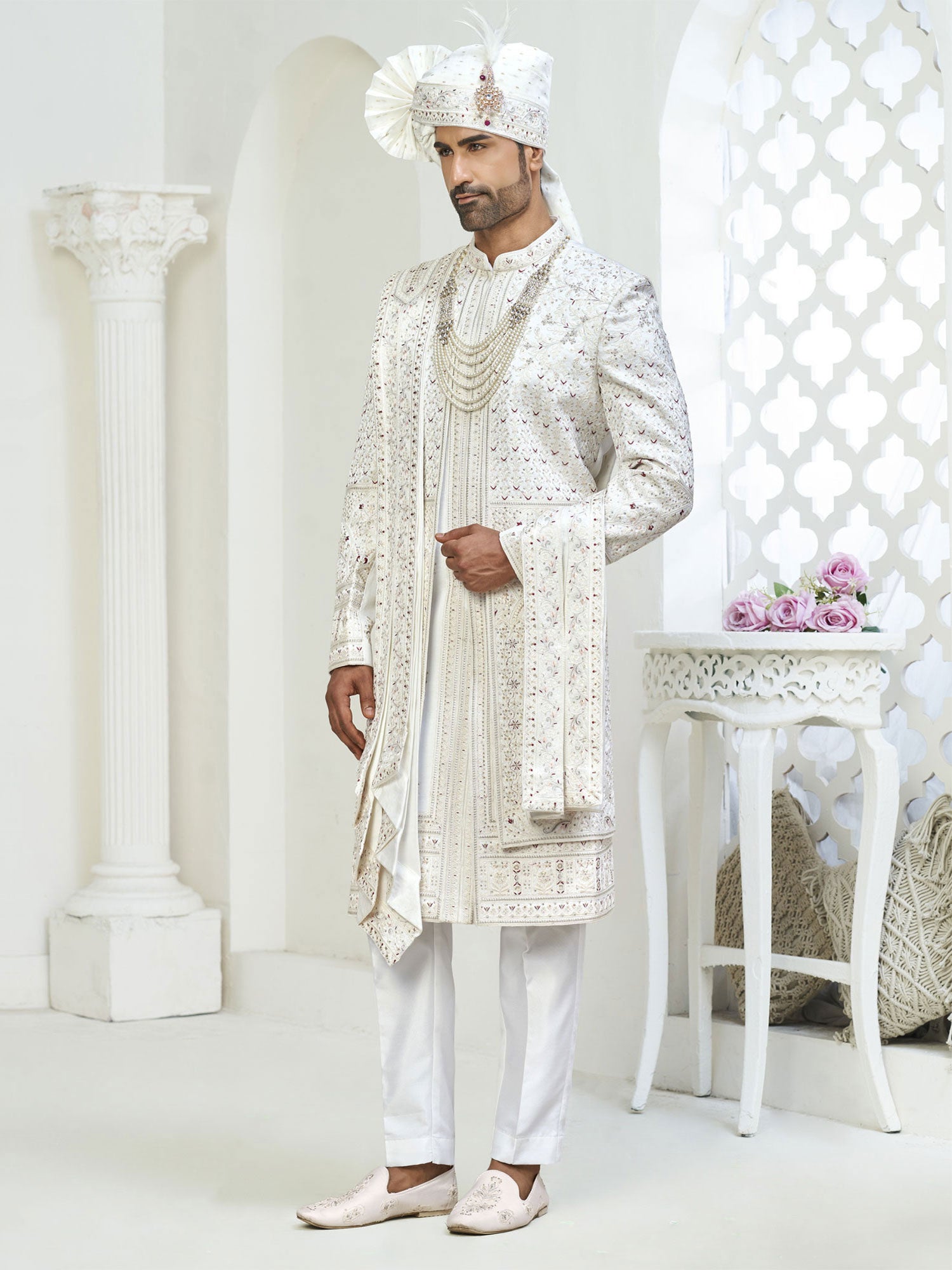 White Groom's Sherwani In Stone Work With Stole