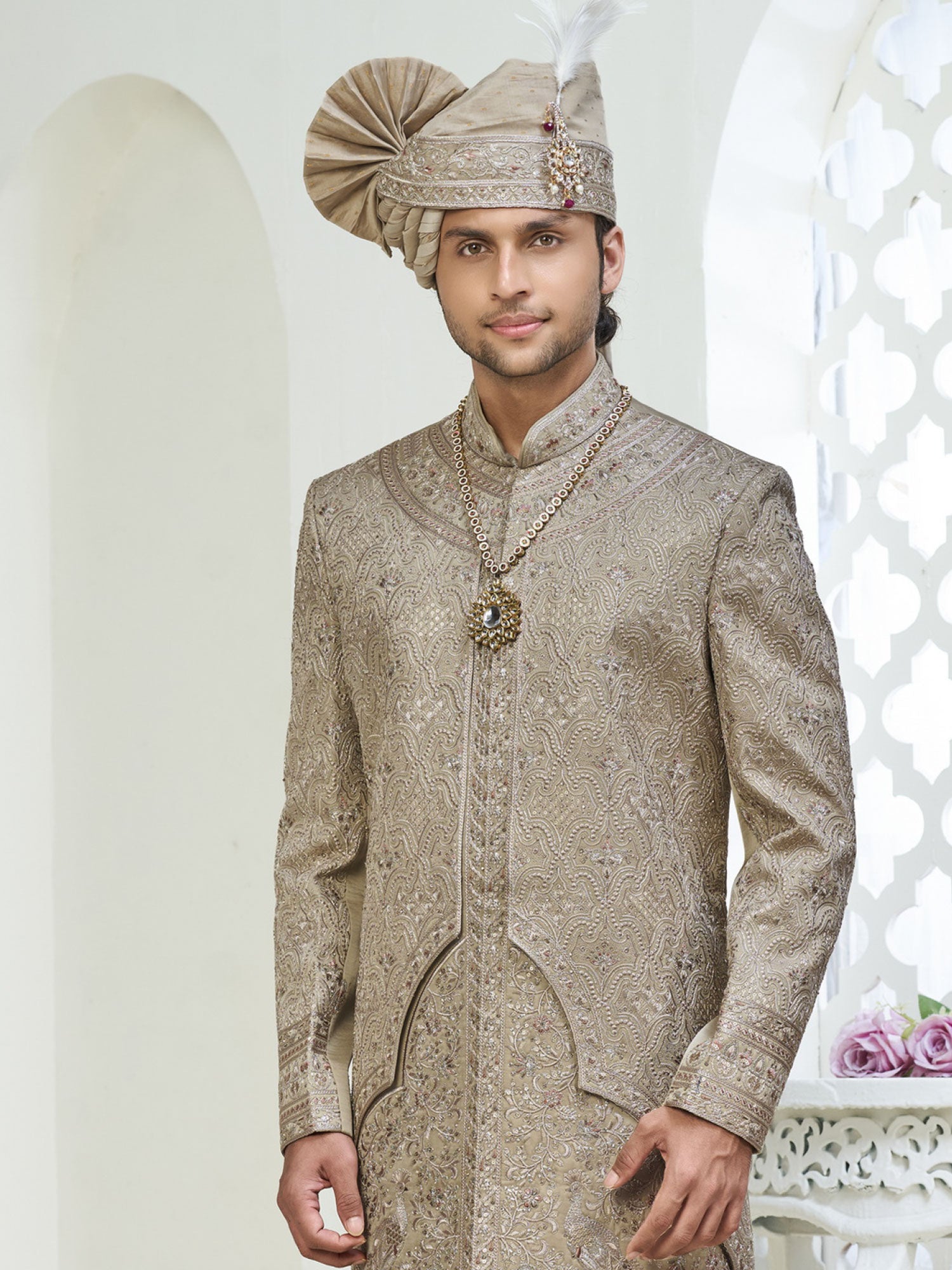 Beige Wedding Sherwani Set In Silk For Mens