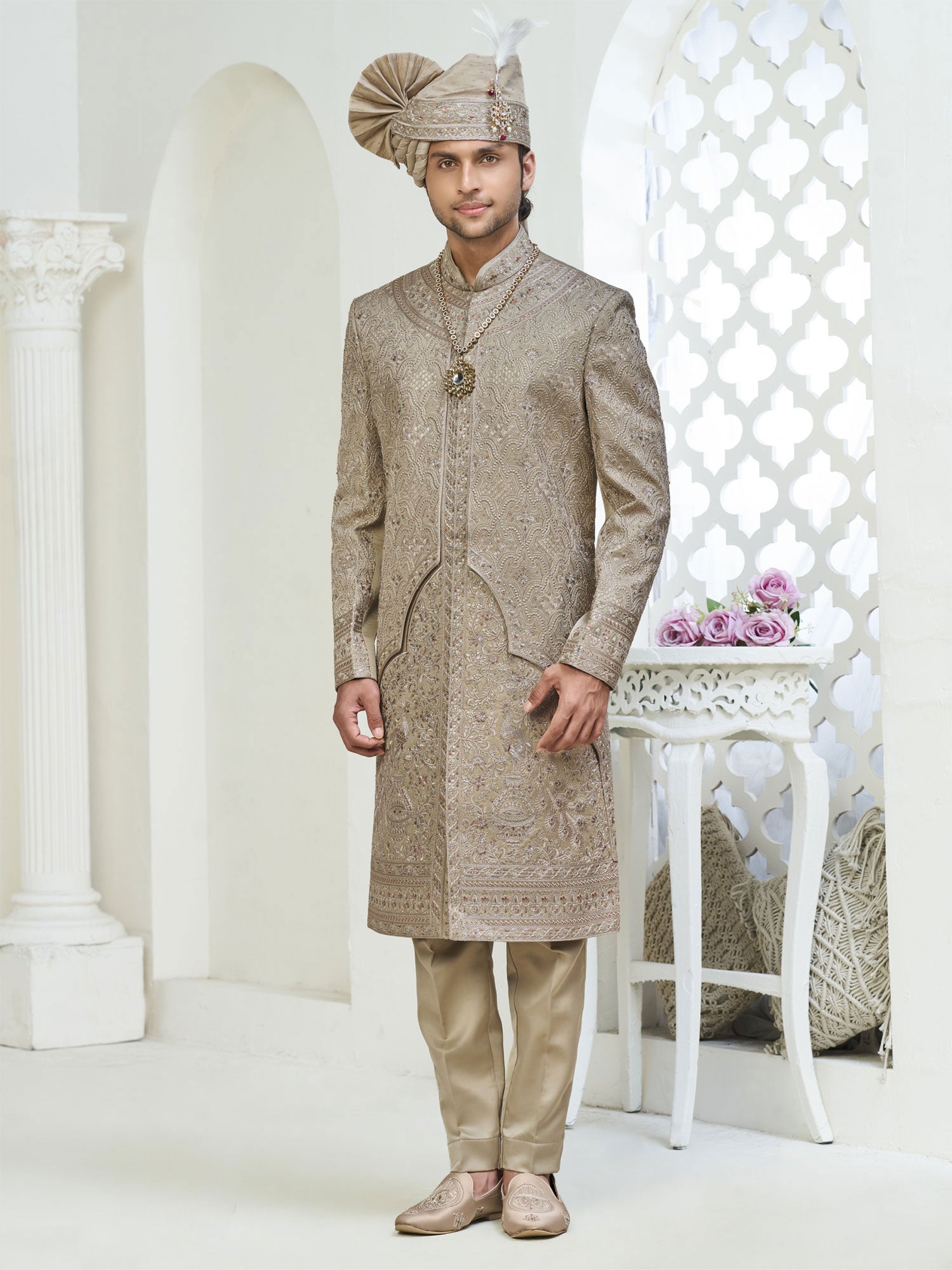 Beige Wedding Sherwani Set In Silk For Mens