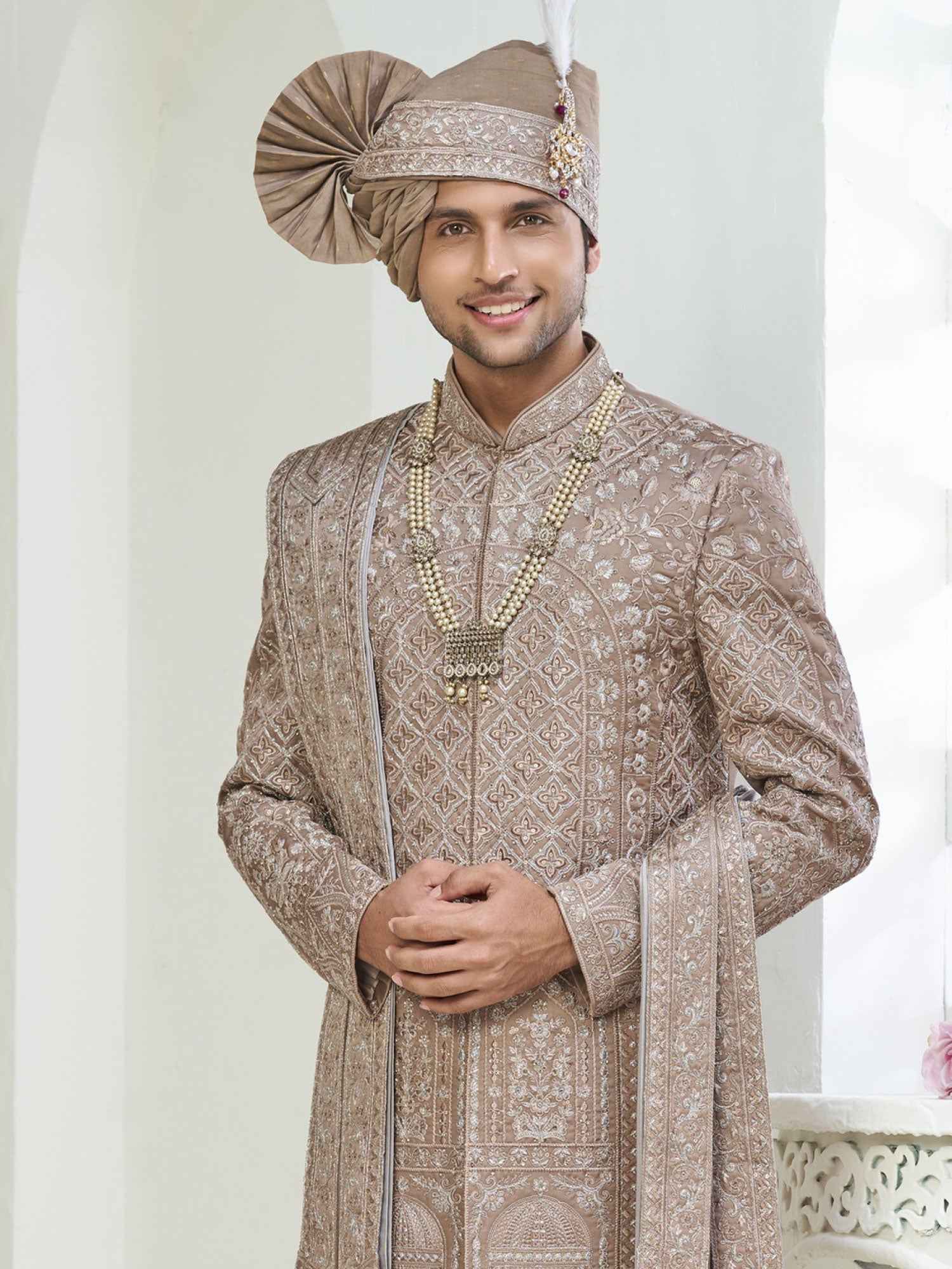 Rosegold Beige Wedding Sherwani With Stole in Silk