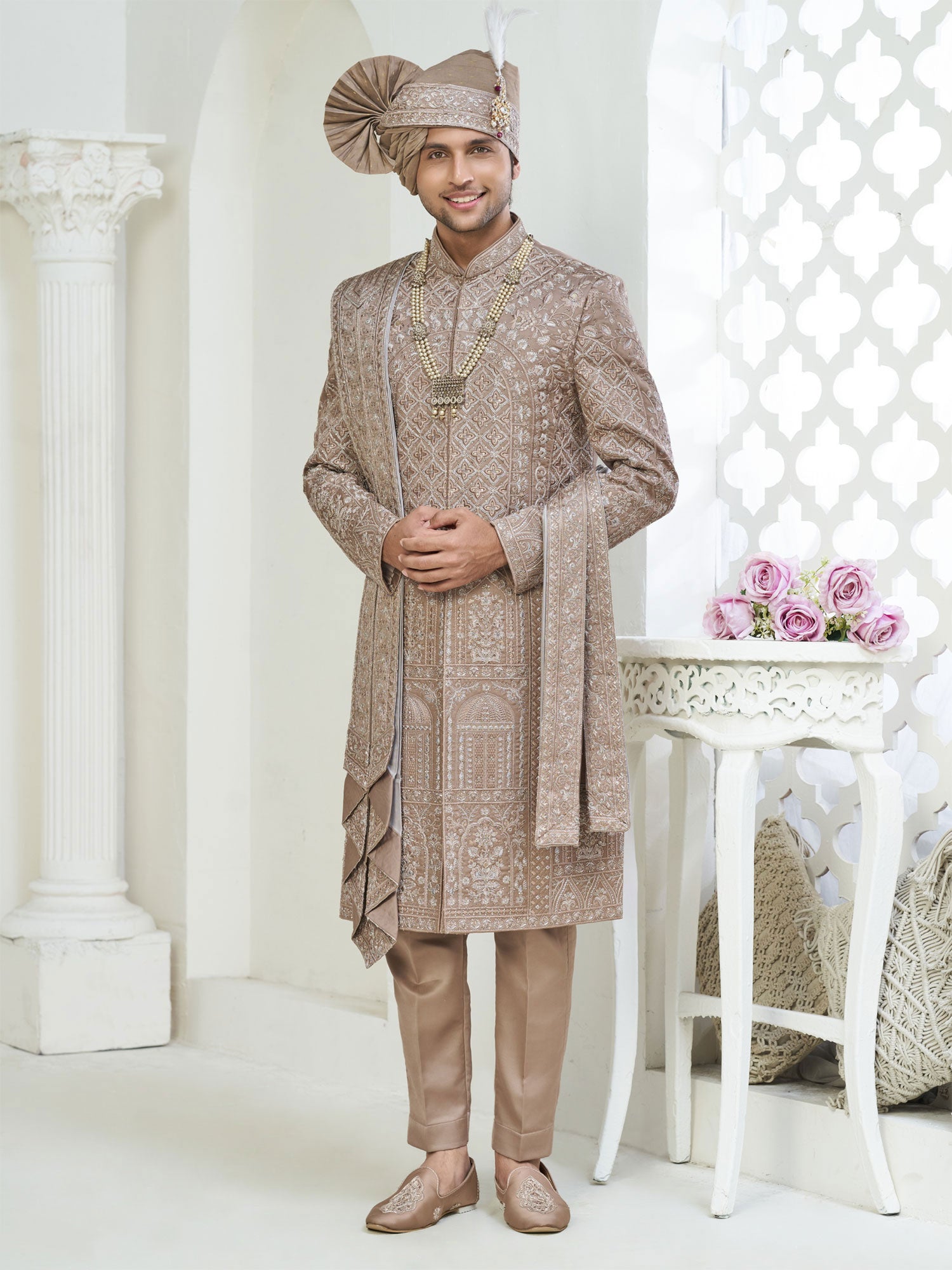 Rosegold Beige Wedding Sherwani With Stole in Silk